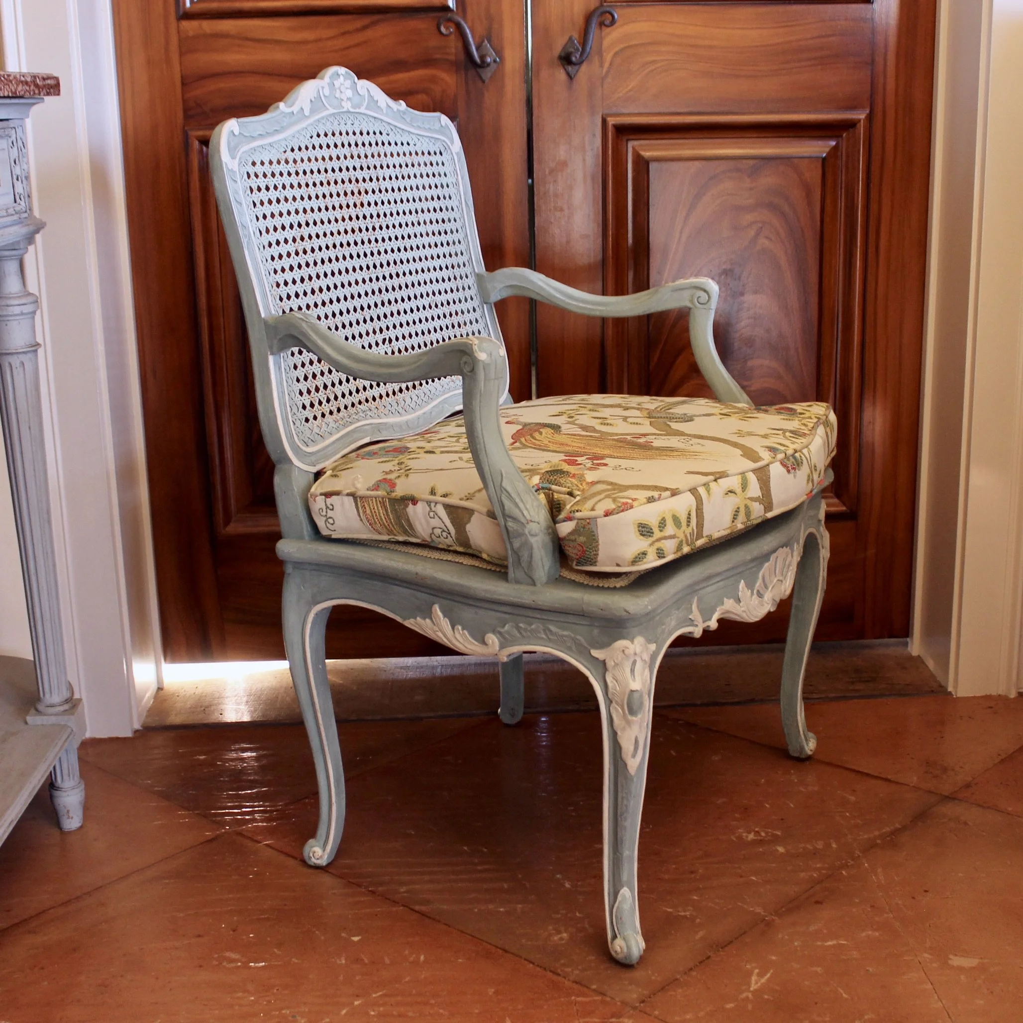Pair of French Provincial Armchairs in Blue Painted Finish