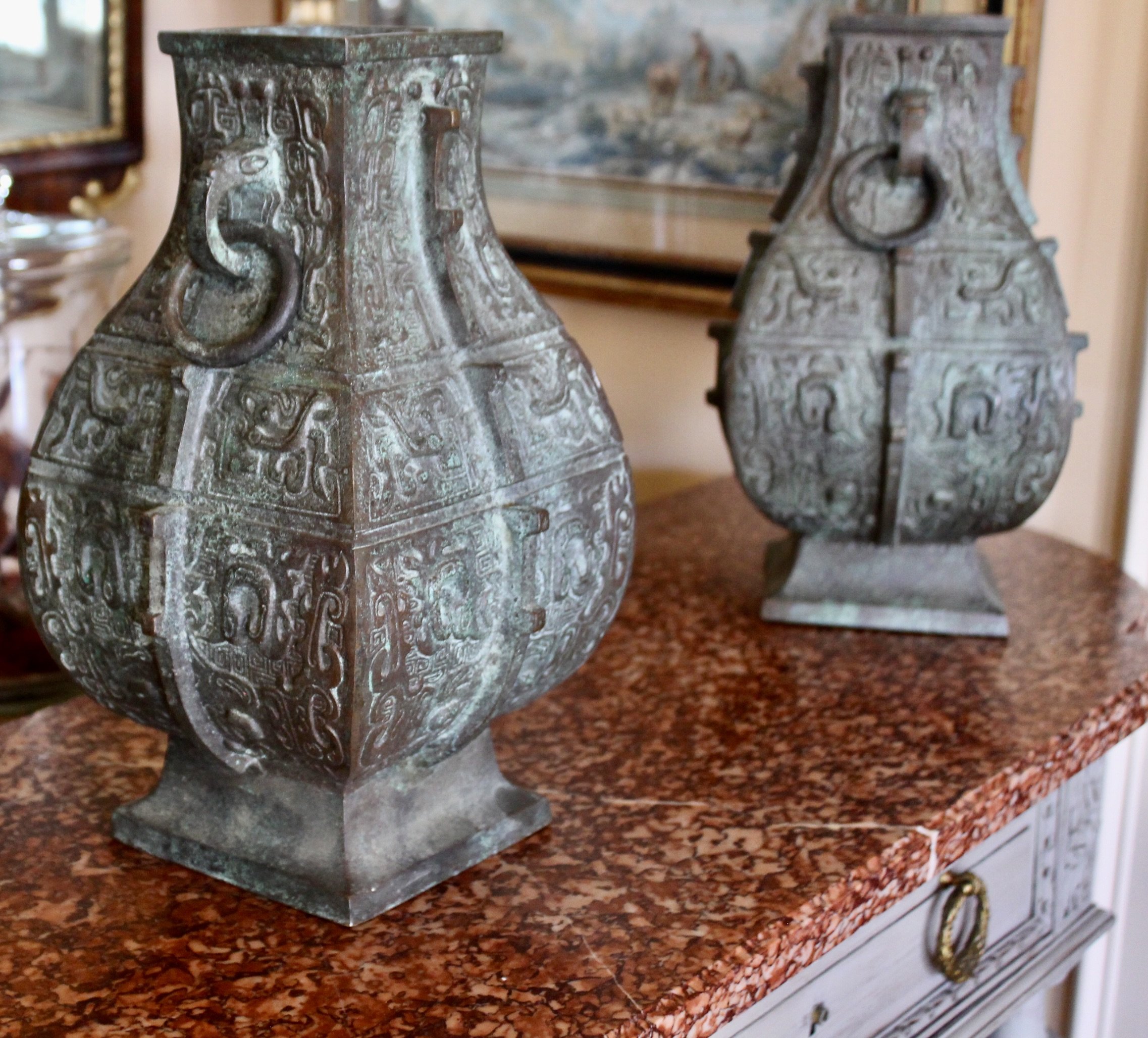 Pair of Chinese Bronze Archaic Style Urns