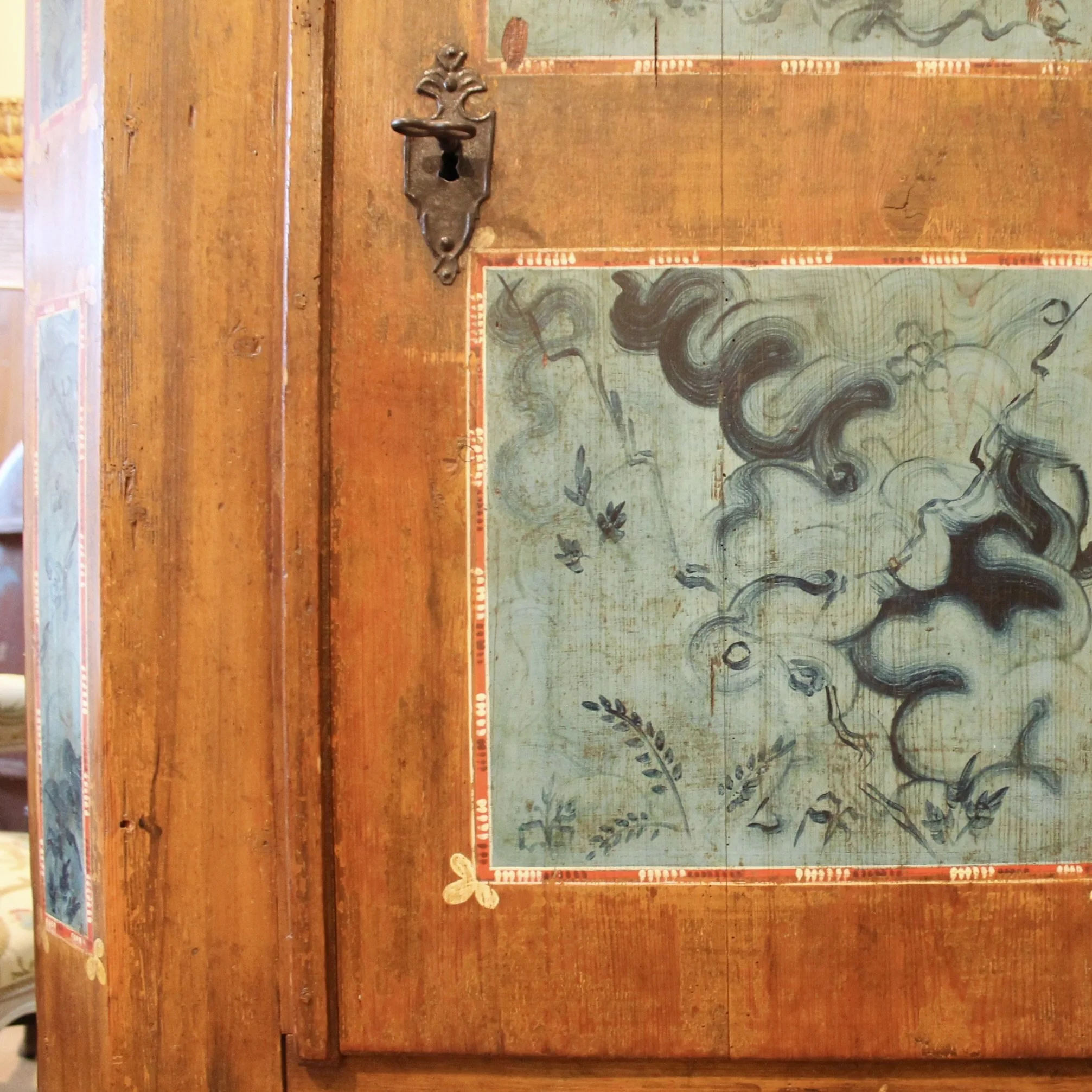 Swedish Antique Painted Armoire Cabinet in Turquoise and Ochre