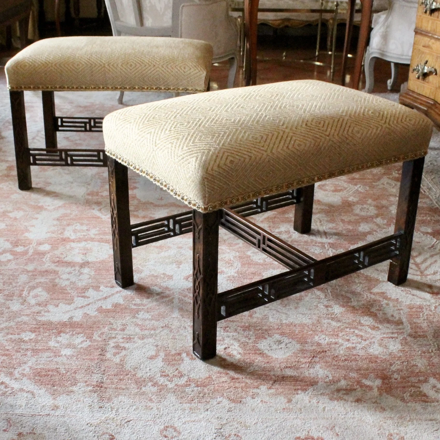 Pair of Georgian Period Chinese Chippendale Fretwork Benches