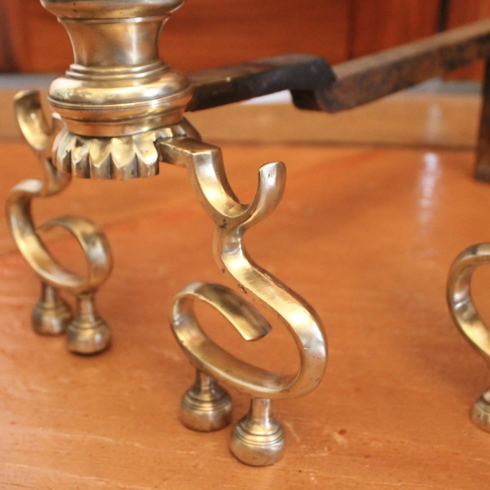 Scroll Footed Antique American Brass Andirons