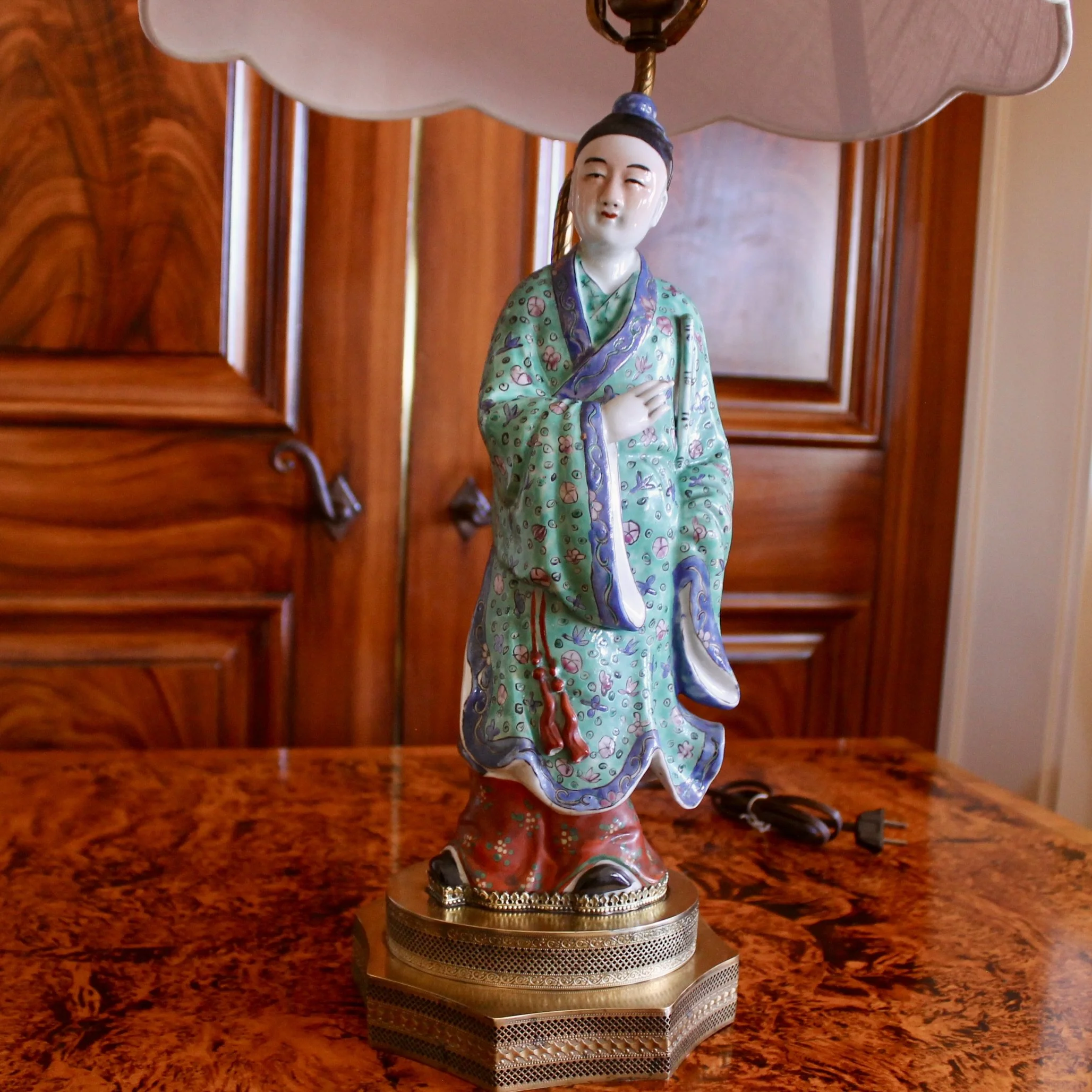 Antique Chinoiserie Porcelain Figure Lamps, Pair