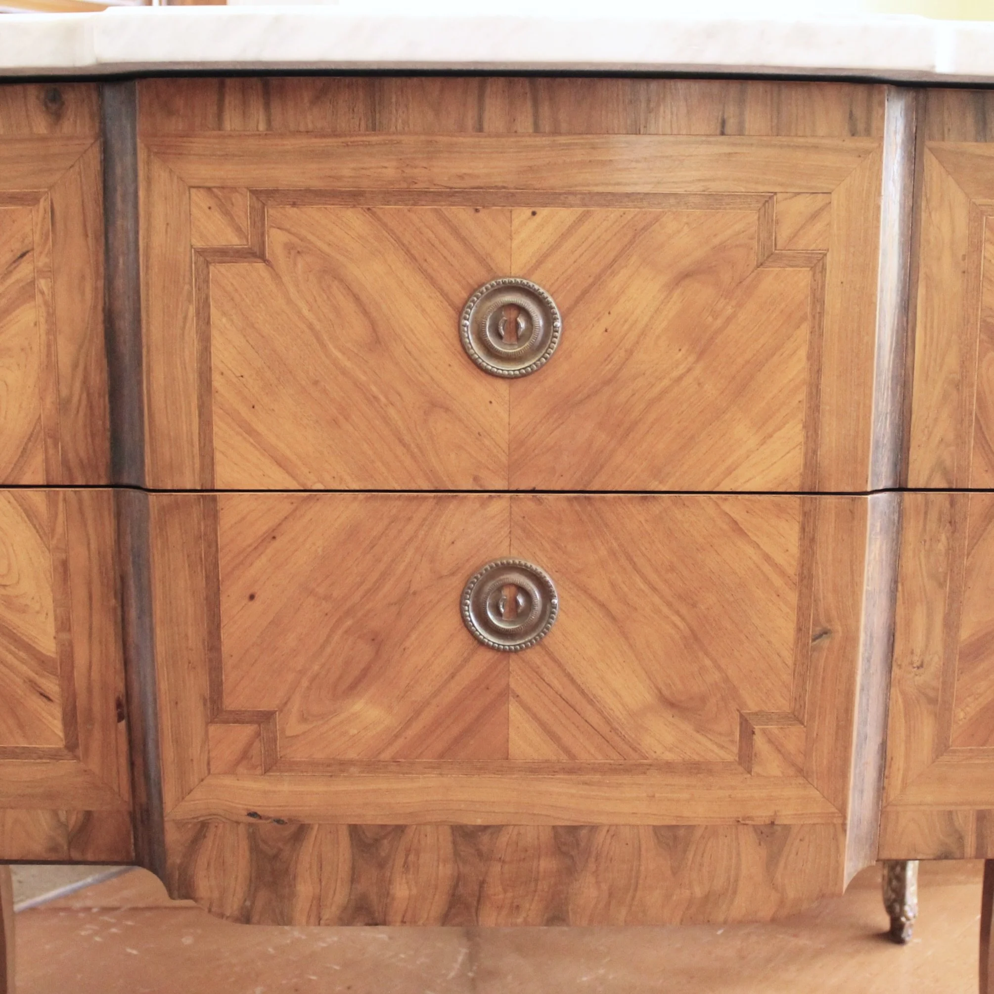 French Transitional Marquetry Commode With Marble Top
