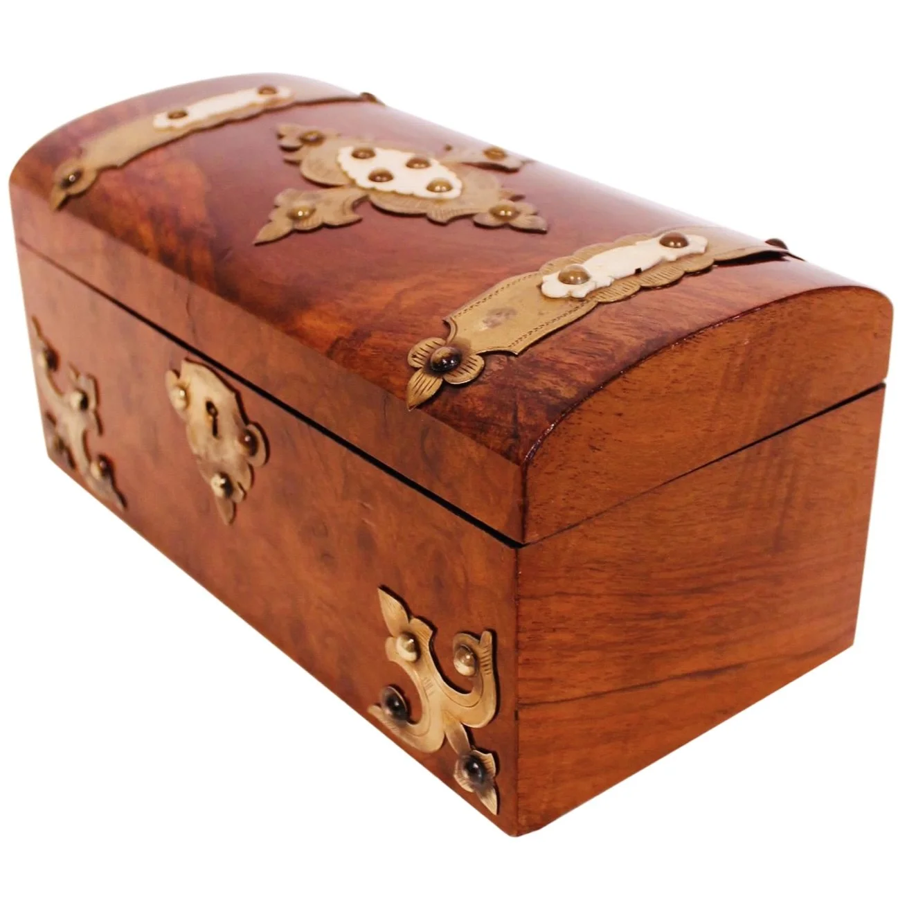 English Burl Walnut Tea Caddy with Decorative Brass Mounts