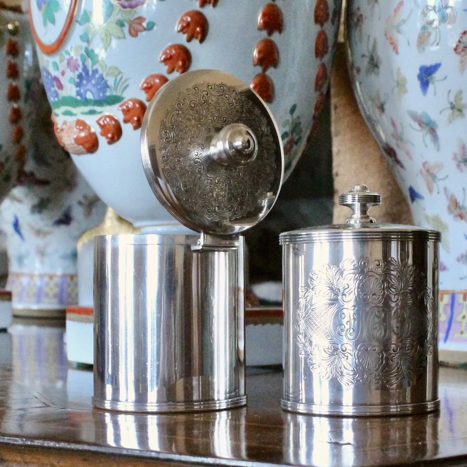 Pair of English Silver Plate Tea Caddies, Henry Birks and Sons