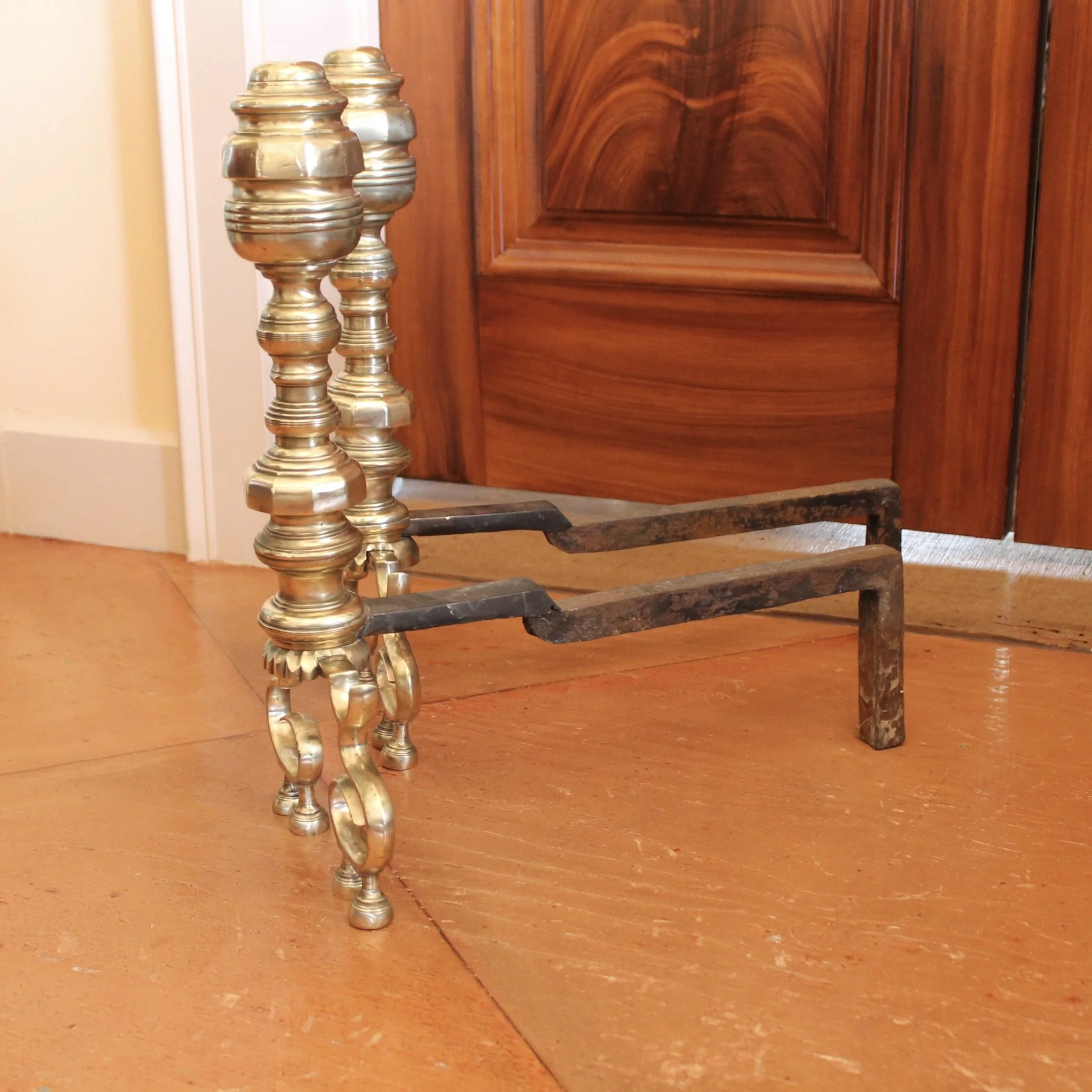 Scroll Footed Antique American Brass Andirons