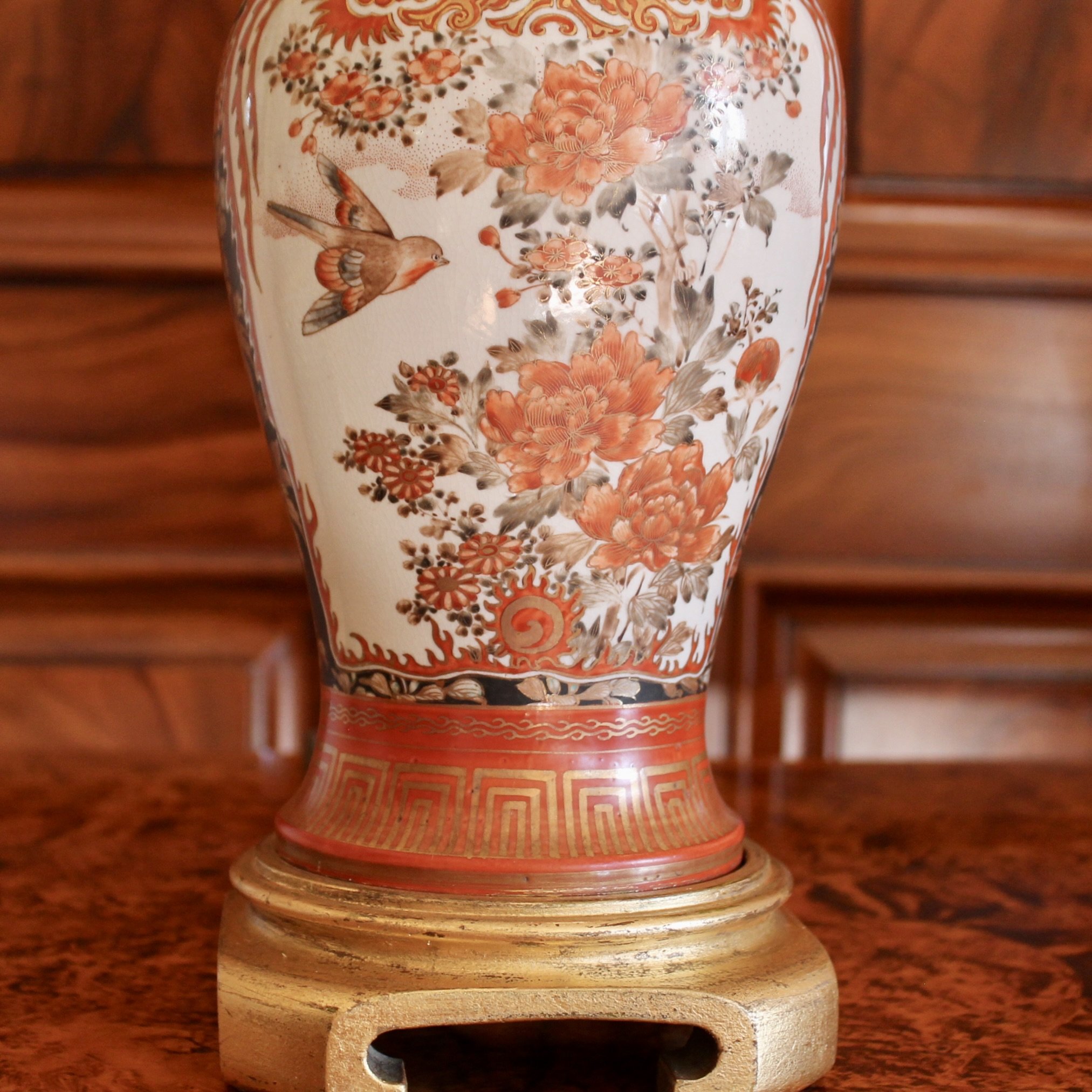 Pair Antique Japanese Kutani Porcelain Vase Lamps
