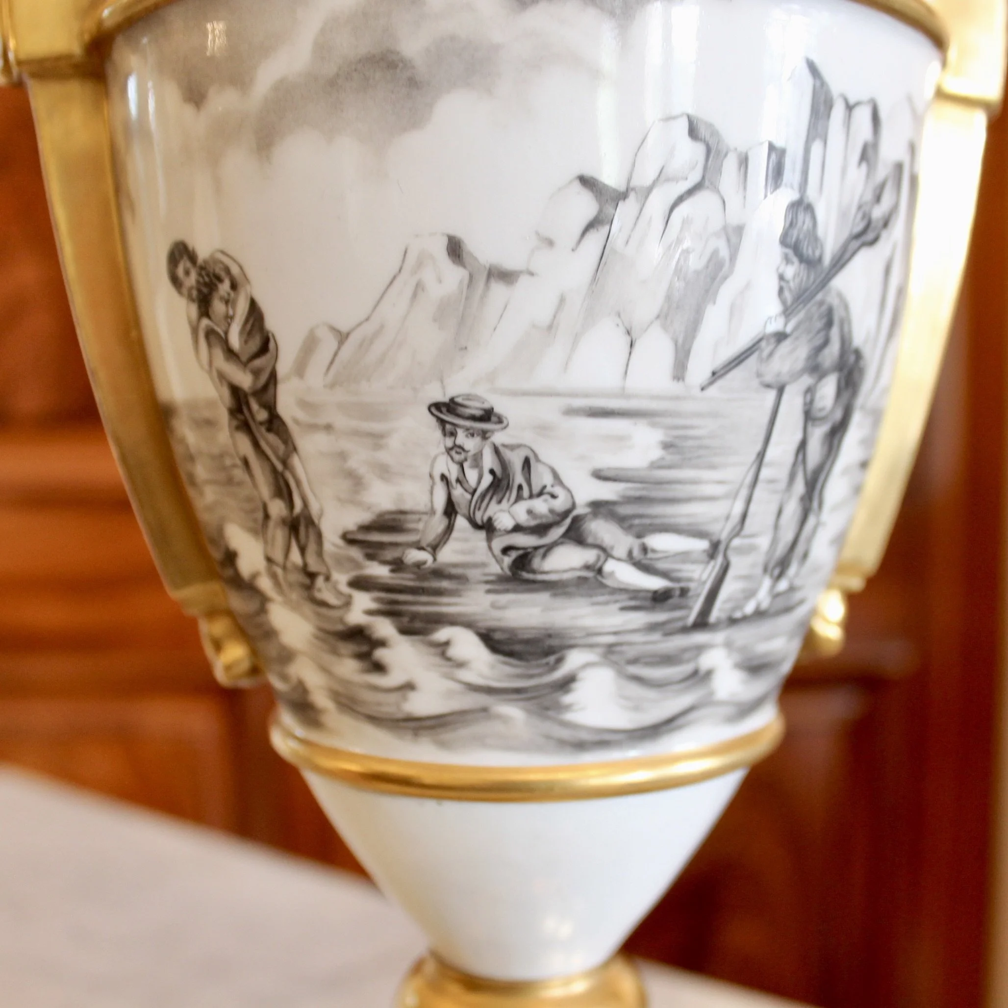 Fine Paris Porcelain Gilt and Grisaille Caryatid Lamp