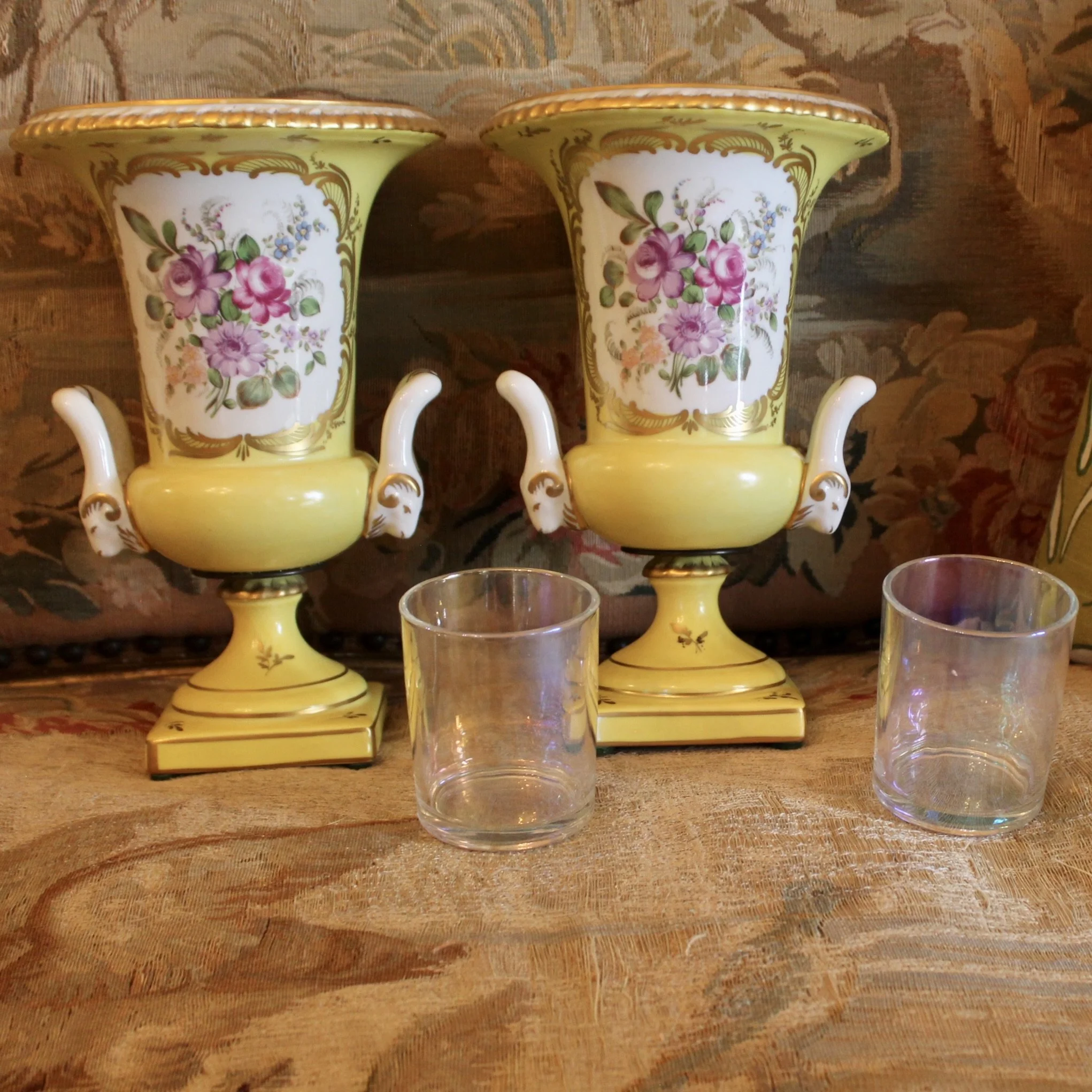 Pair of Paris Porcelain Yellow Glazed and Gilt Urn CACHEPOTS