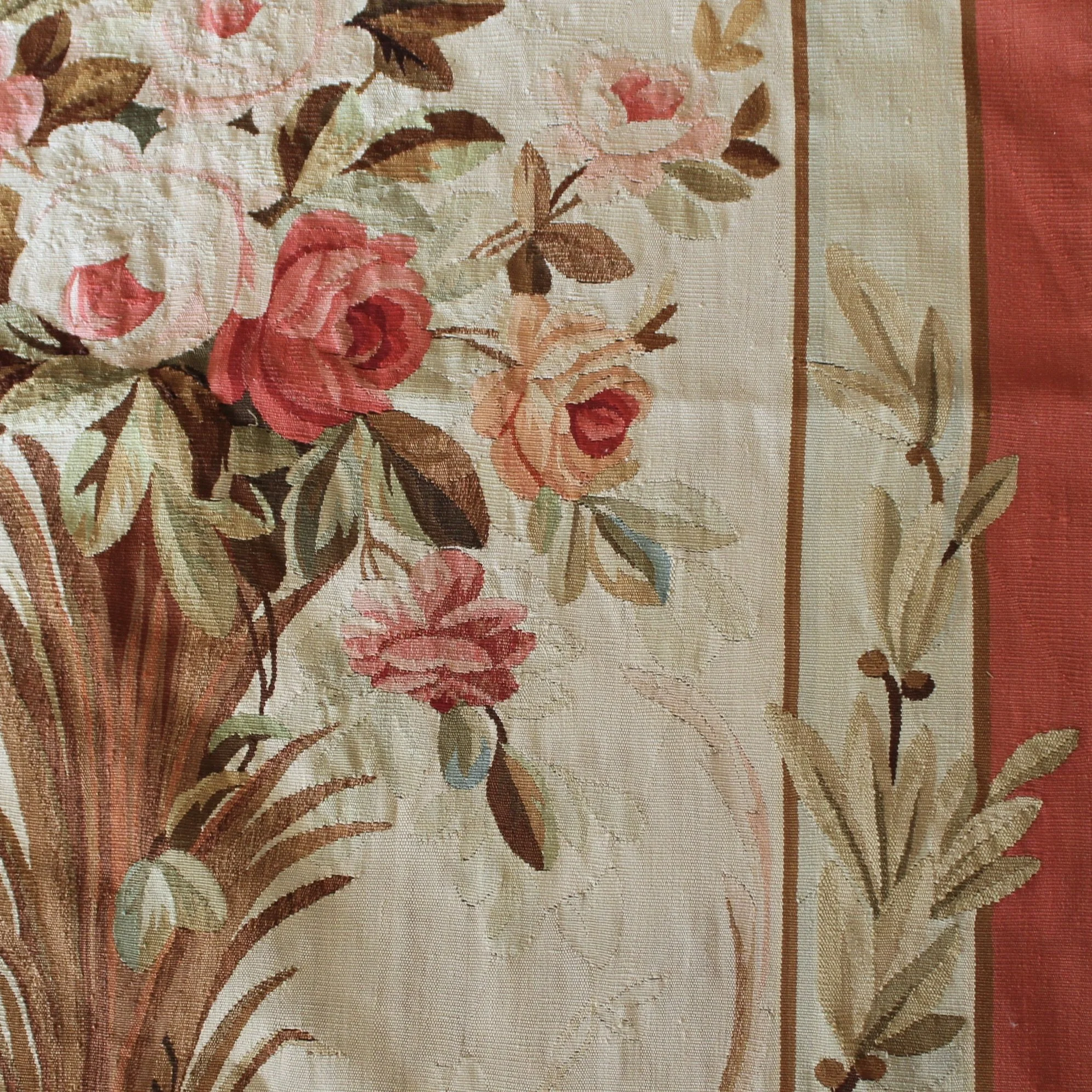 French Aubusson Floral Wall Tapestry in Coral, Rose and Sage Green