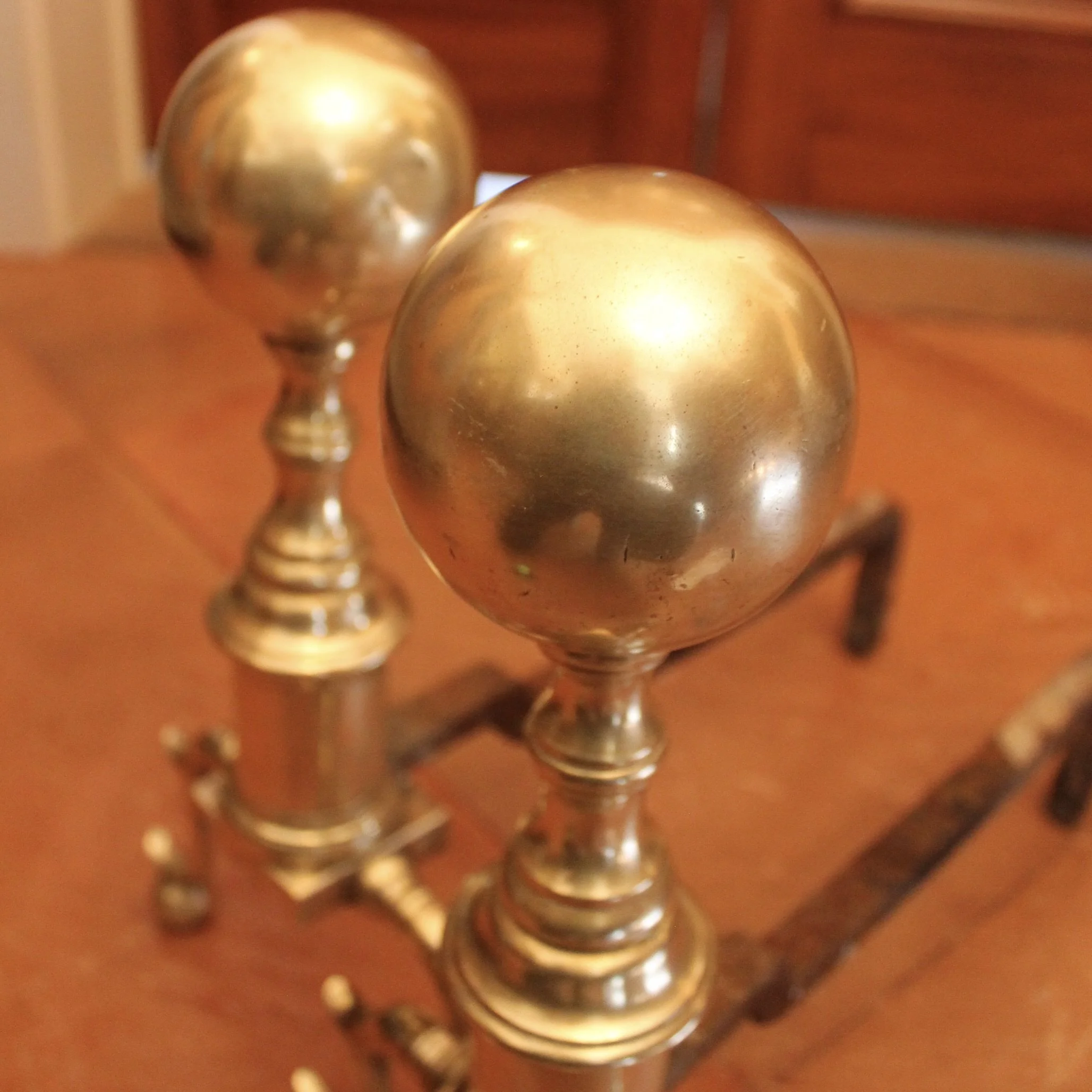 Pair of Antique American Cannon Ball Top Brass Andirons