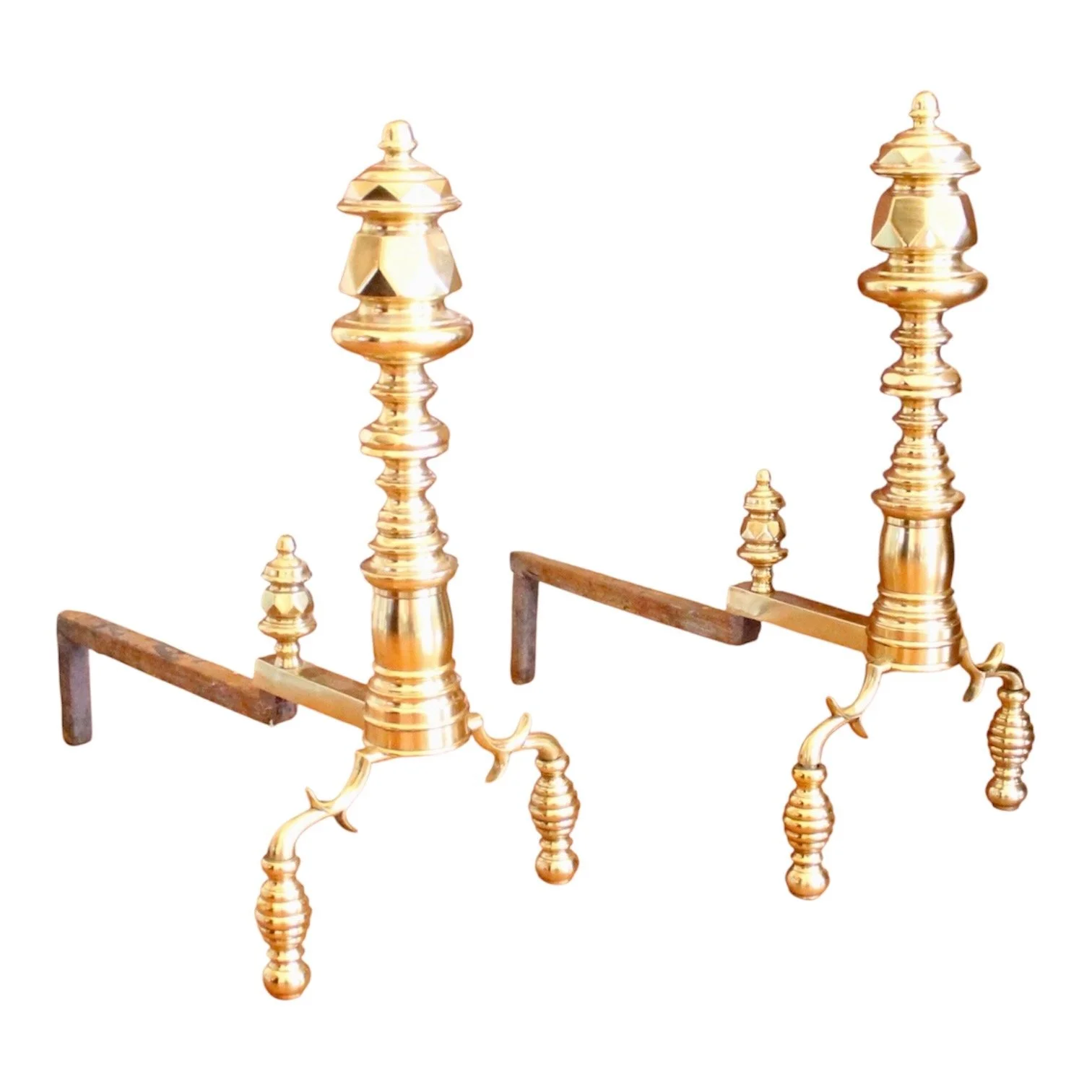 Pair-of-Antique-English-Turned-Brass-Andirons-“Beehive”-Feet