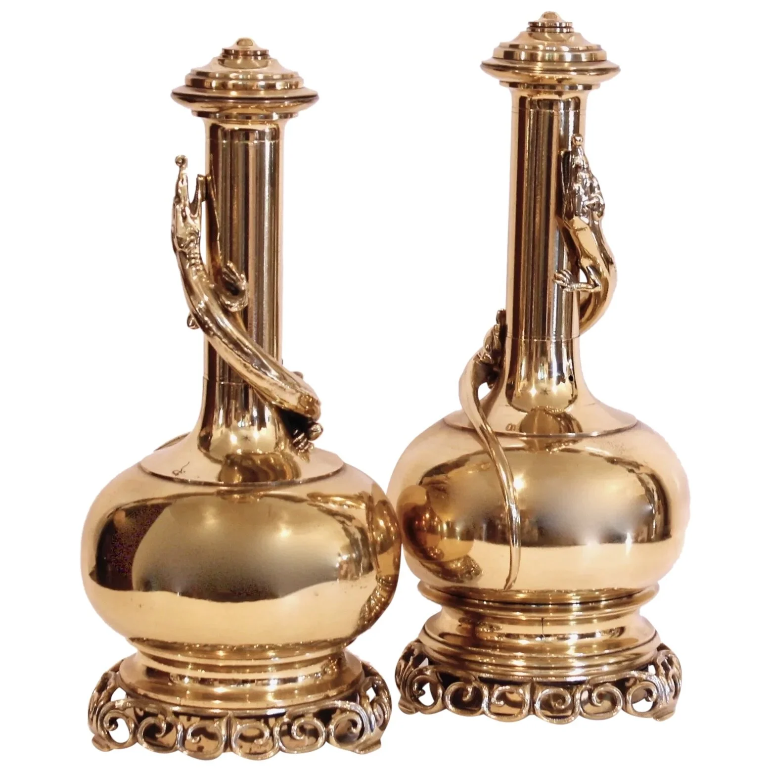 Chinese Polished Brass Gourd Shaped Bottle Vases With Lizards - a Pair