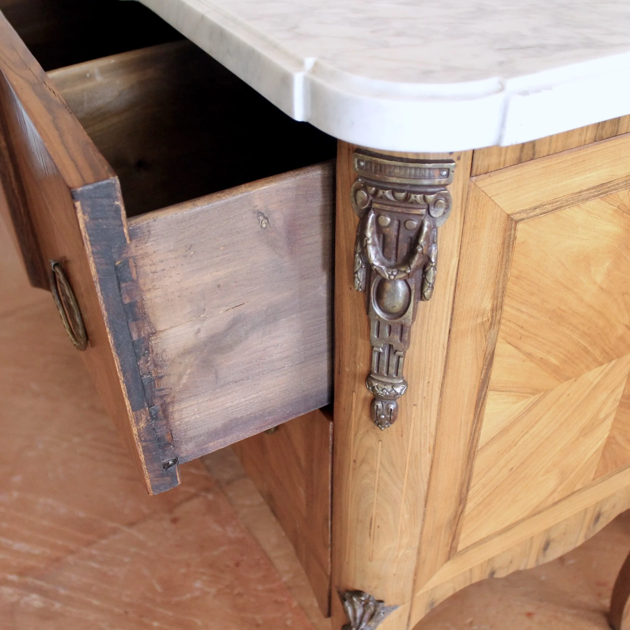 French Transitional Marquetry Commode With Marble Top