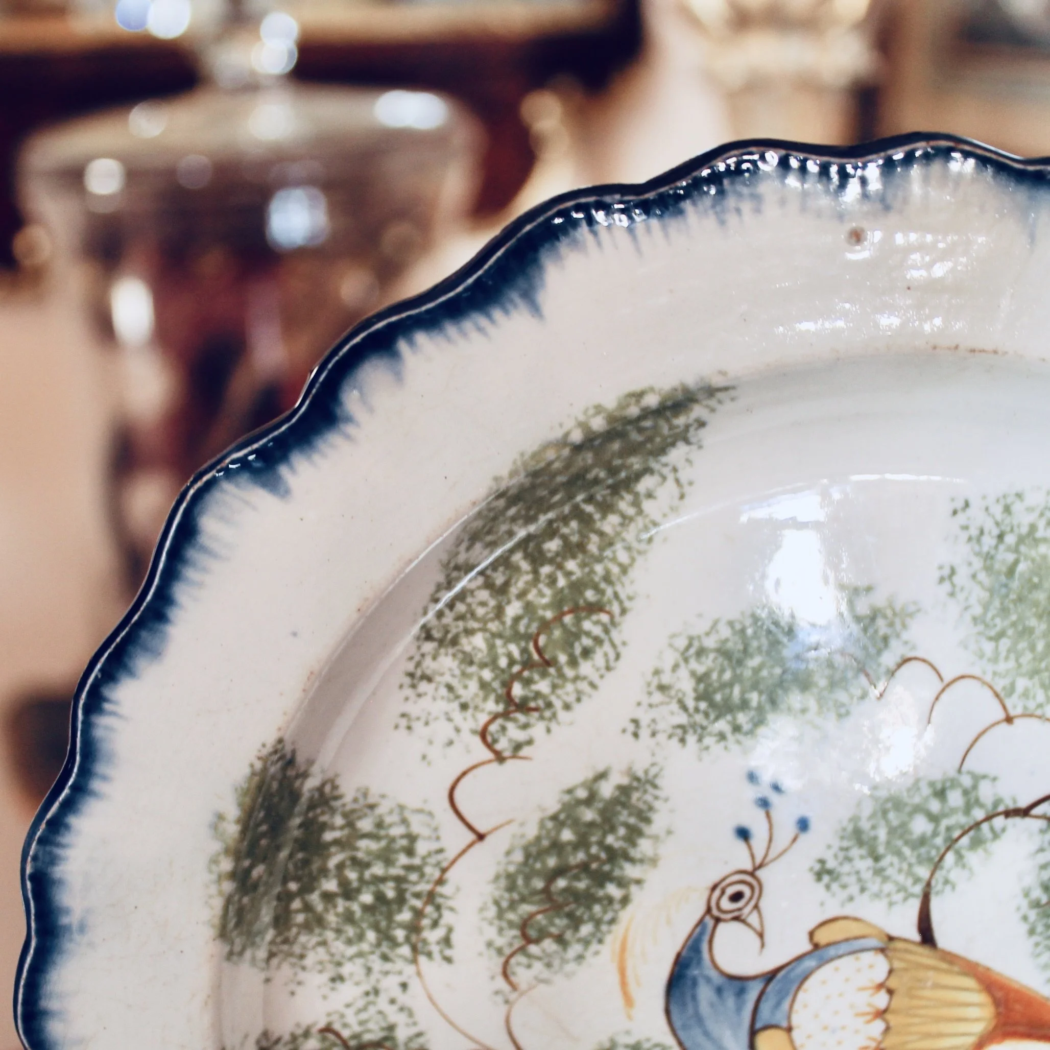 English Delftware Peacock and Spongeware Plate