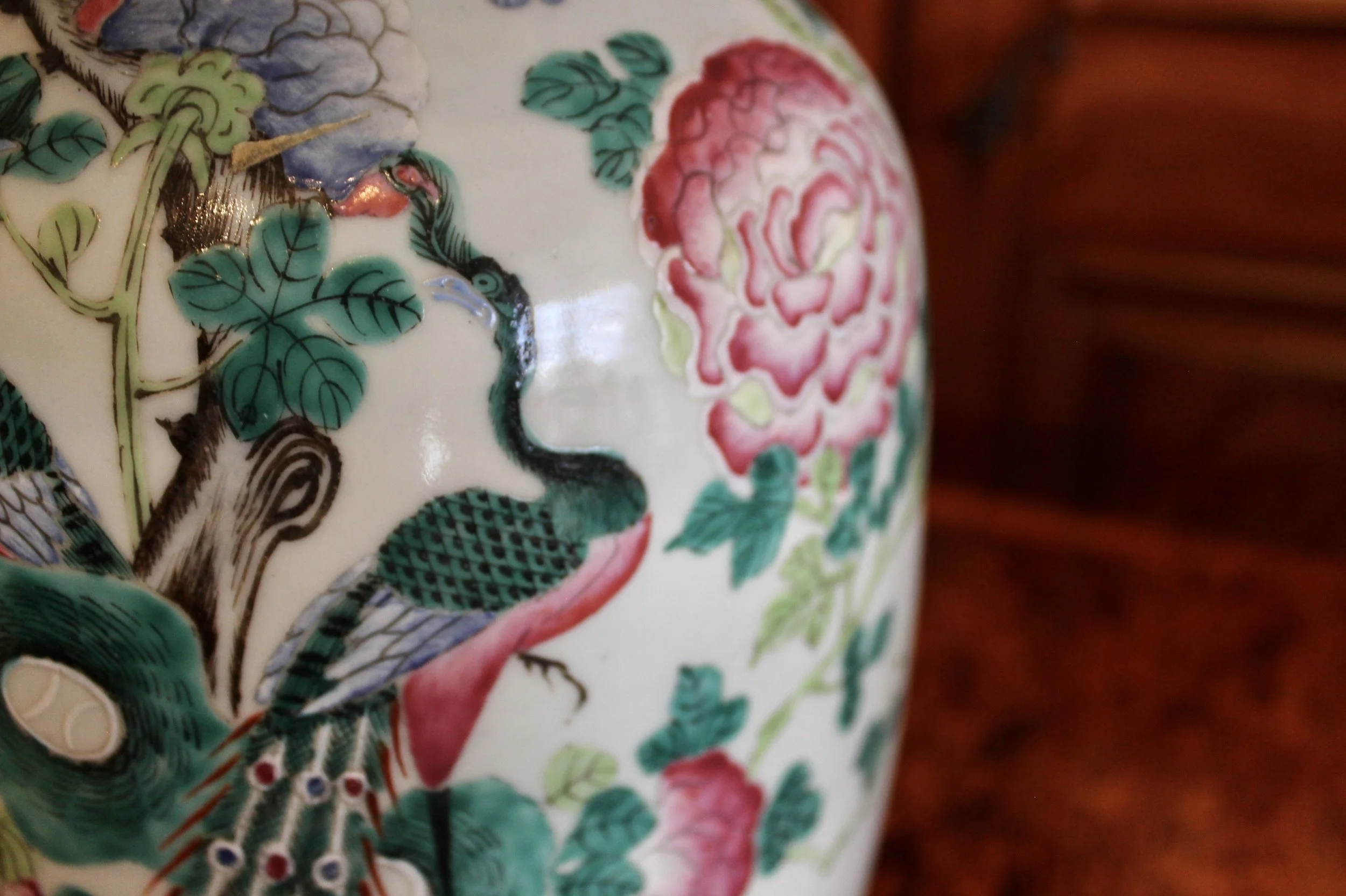 Famille Rose Chinese Porcelain Lamp with Peacocks