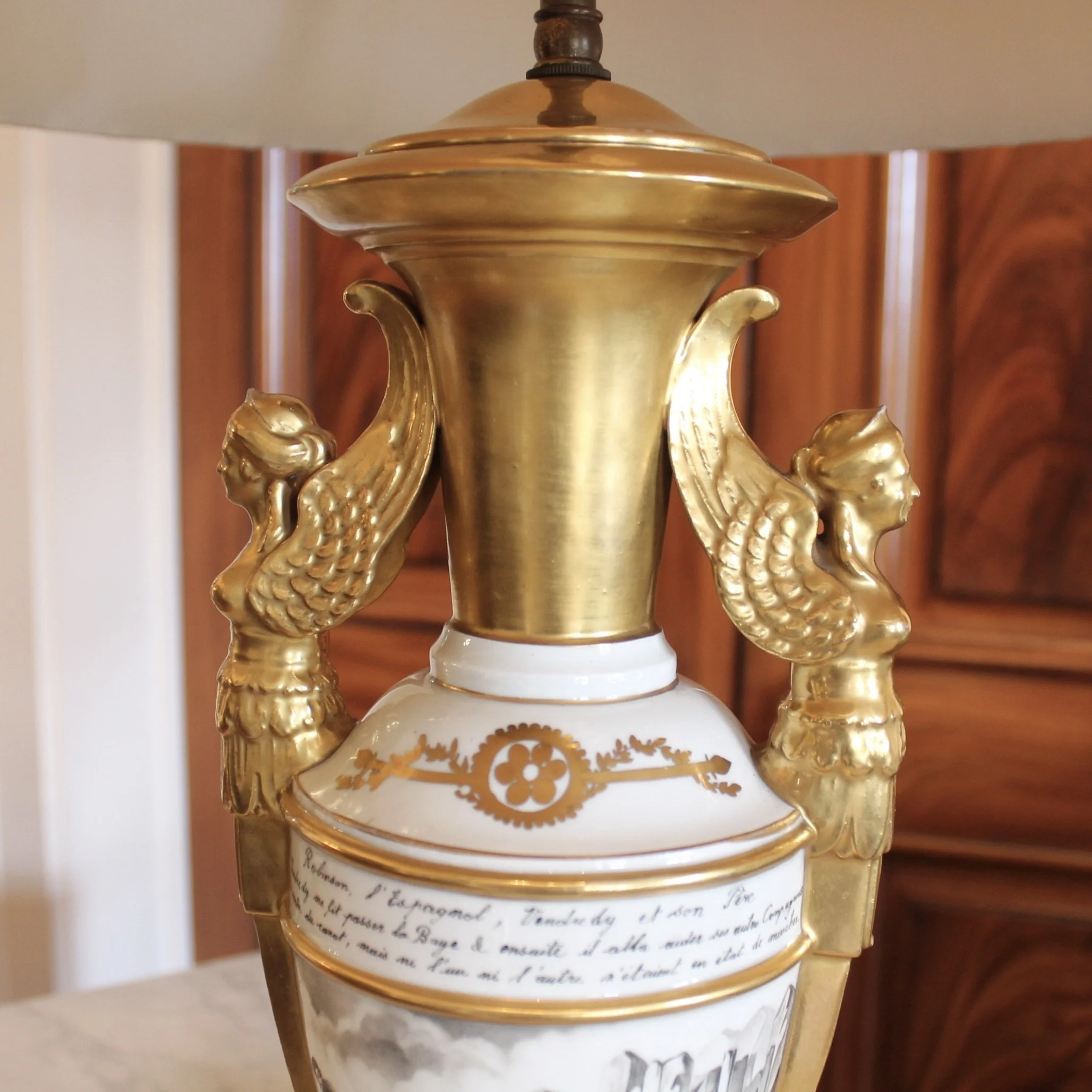 Fine Paris Porcelain Gilt and Grisaille Caryatid Lamp