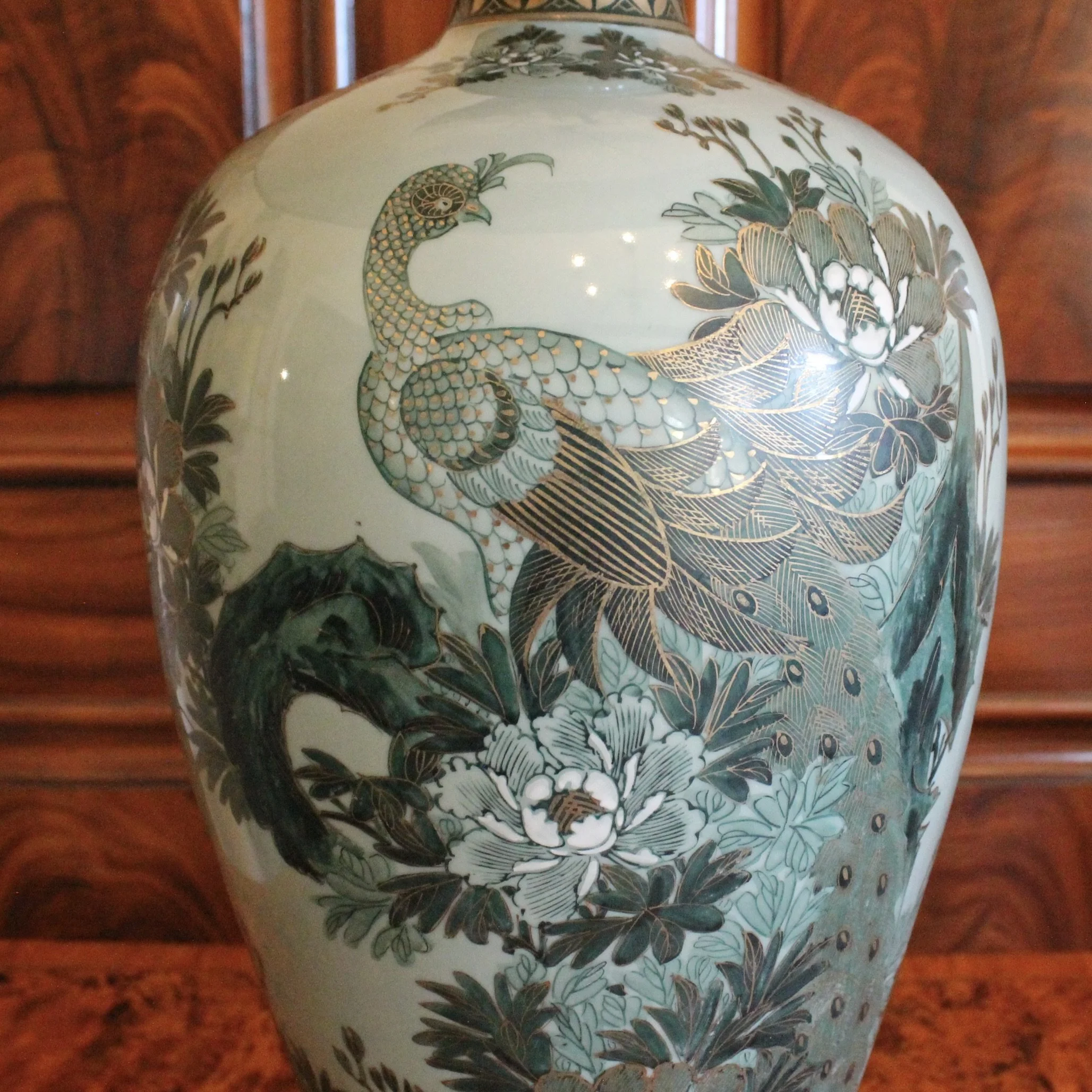 Japanese Satsuma celadon Peacock Lamp