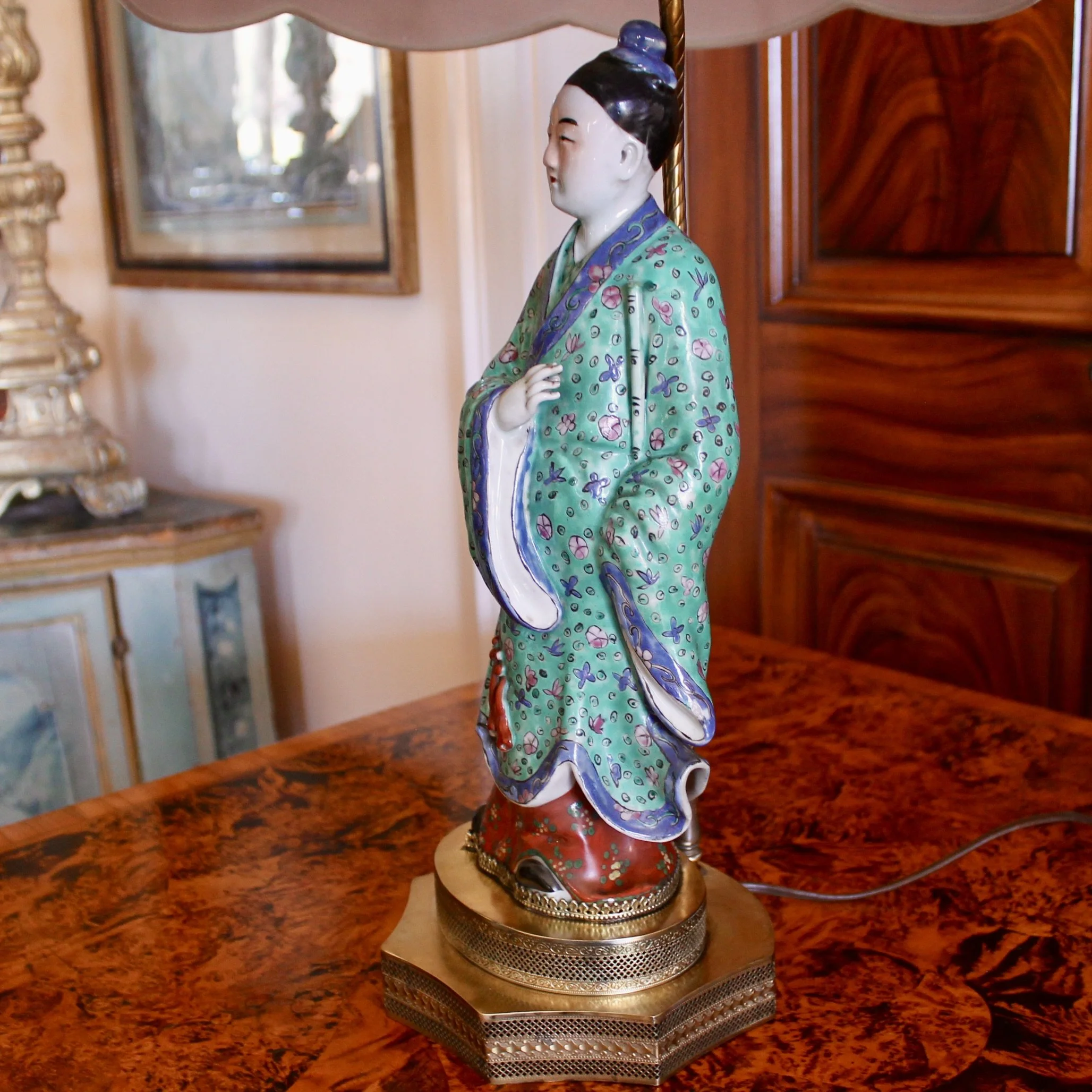 Antique Chinoiserie Porcelain Figure Lamps, Pair