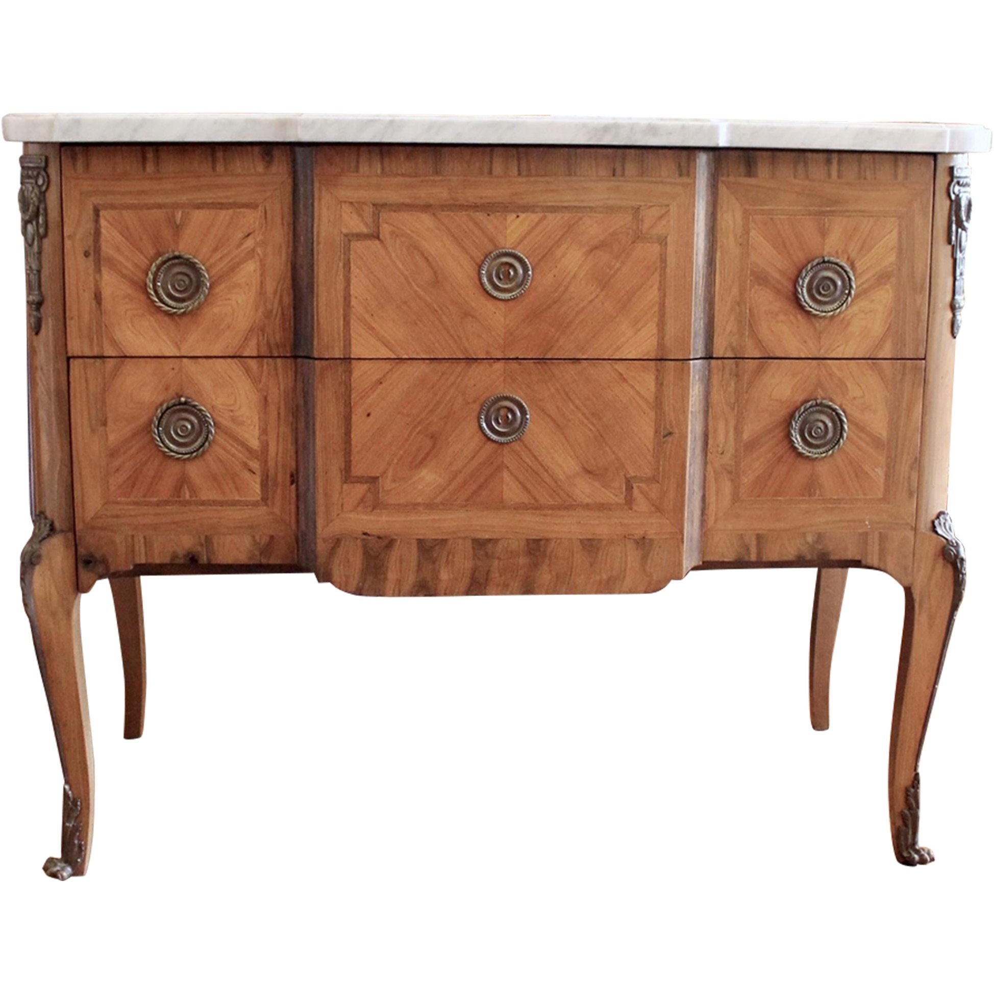 French Transitional Marquetry Commode With Marble Top