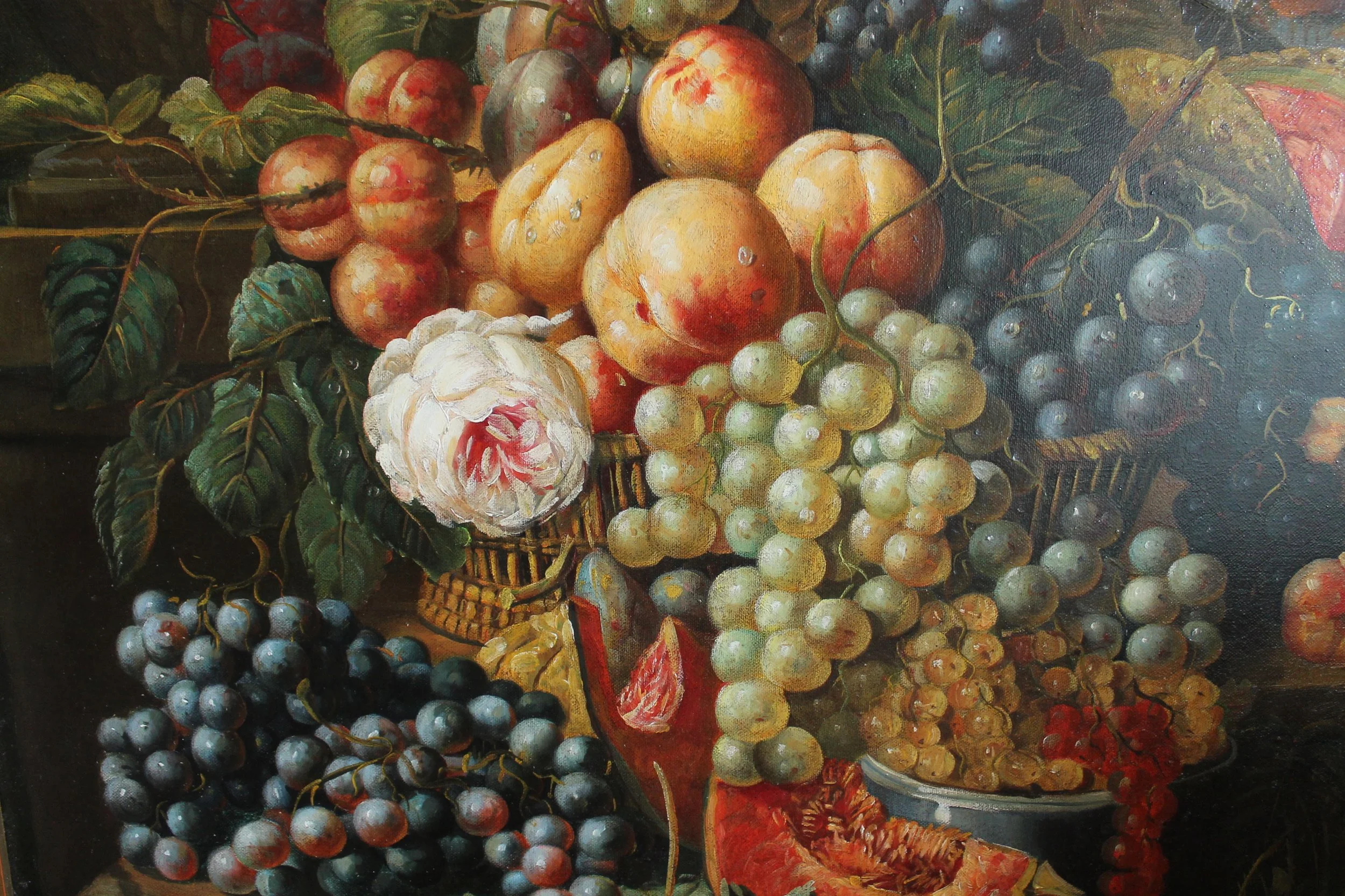 Still Life Oil on Canvas Painting: Flowers and Fruit