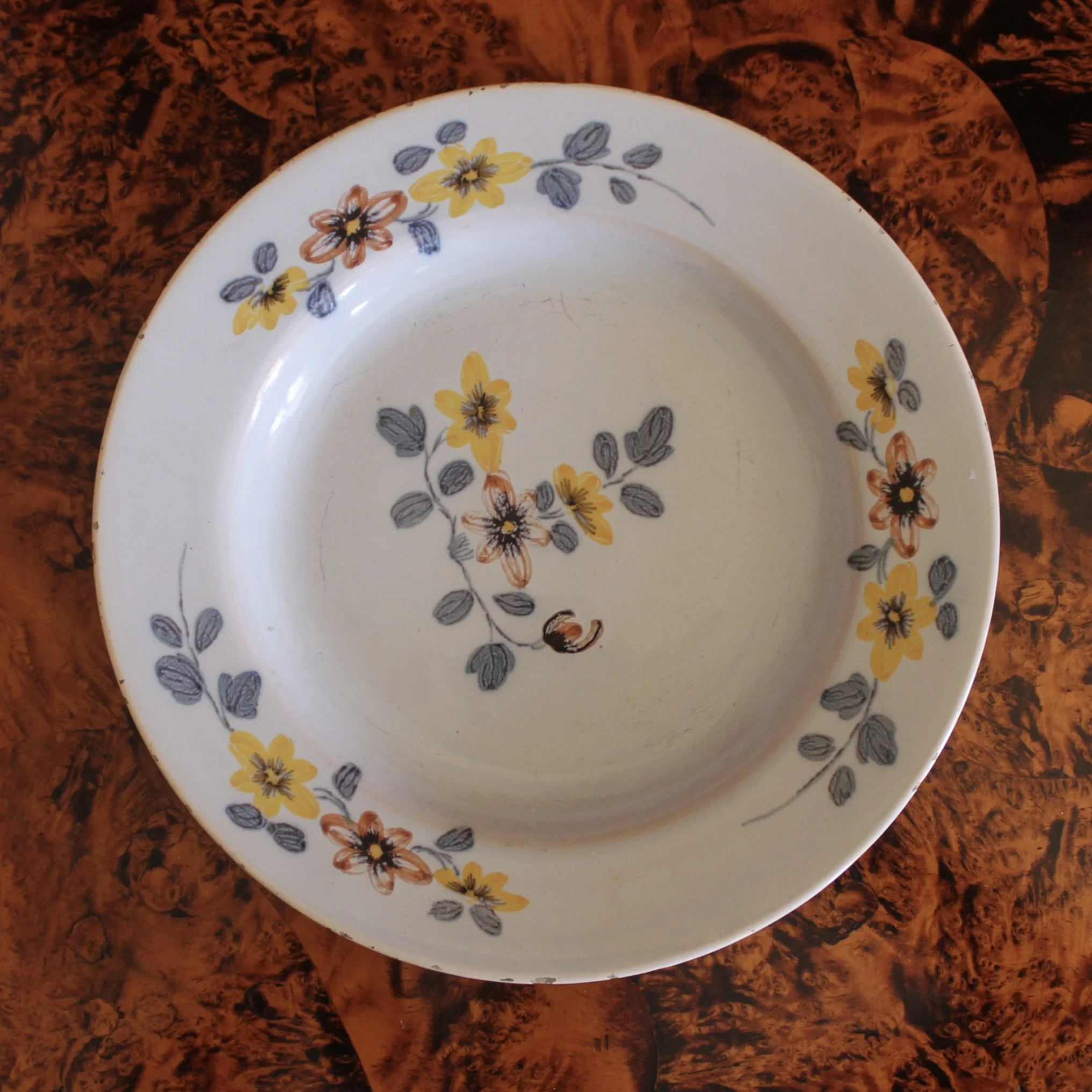 English Delftware Plate, Yellow and Lavender, 18th c.