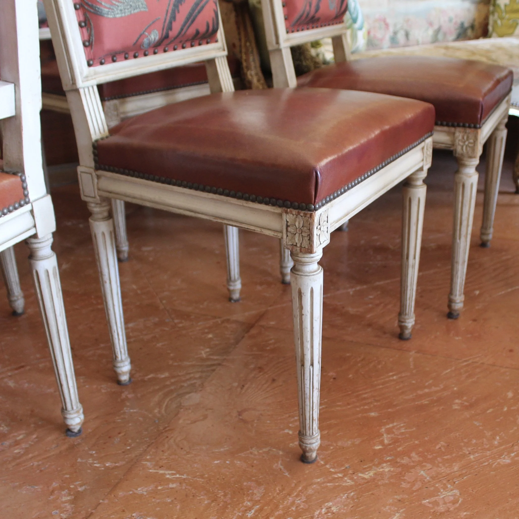 Set of Six French Painted Dining Chairs, Louis XVI Style