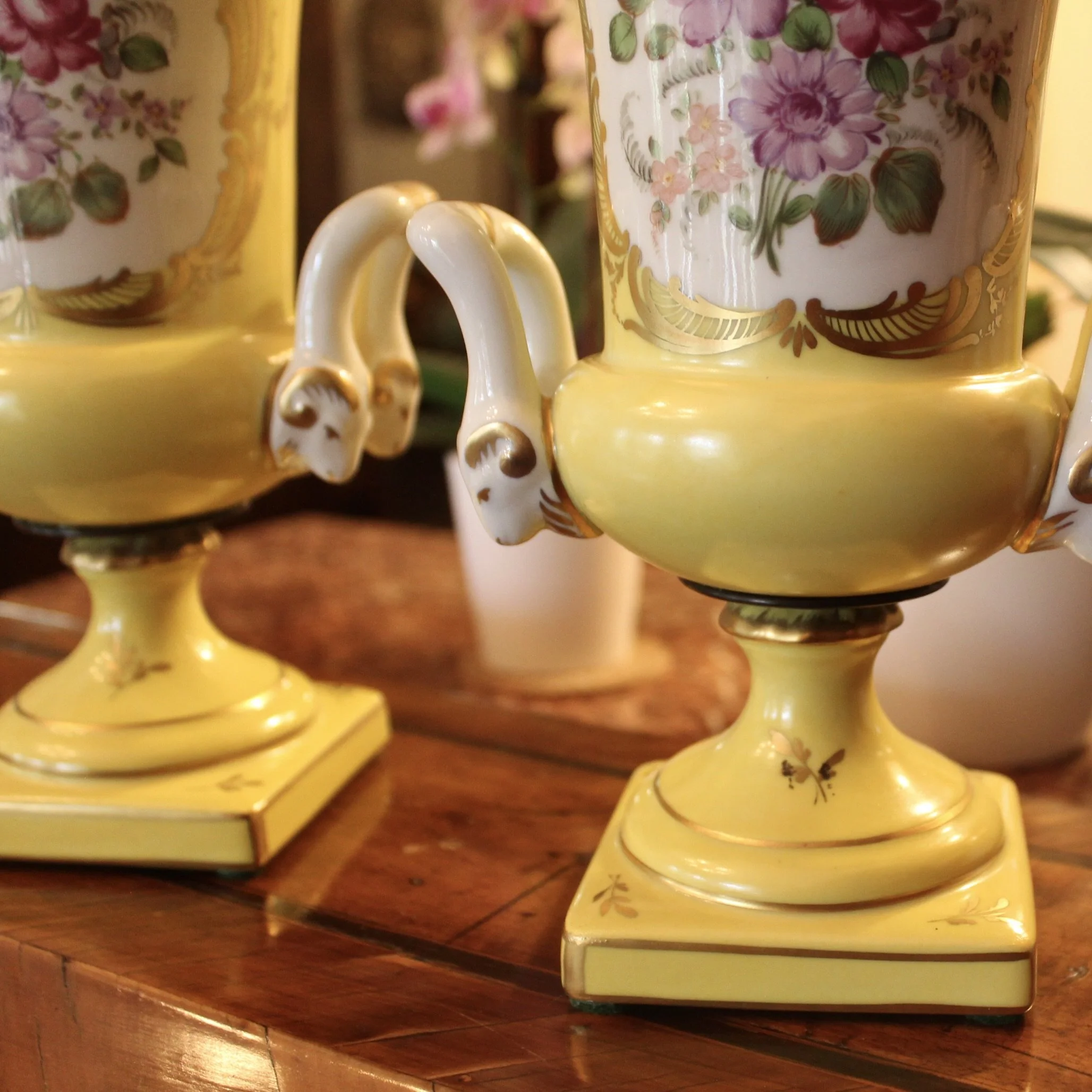 Pair of Paris Porcelain Yellow Glazed and Gilt Urn CACHEPOTS