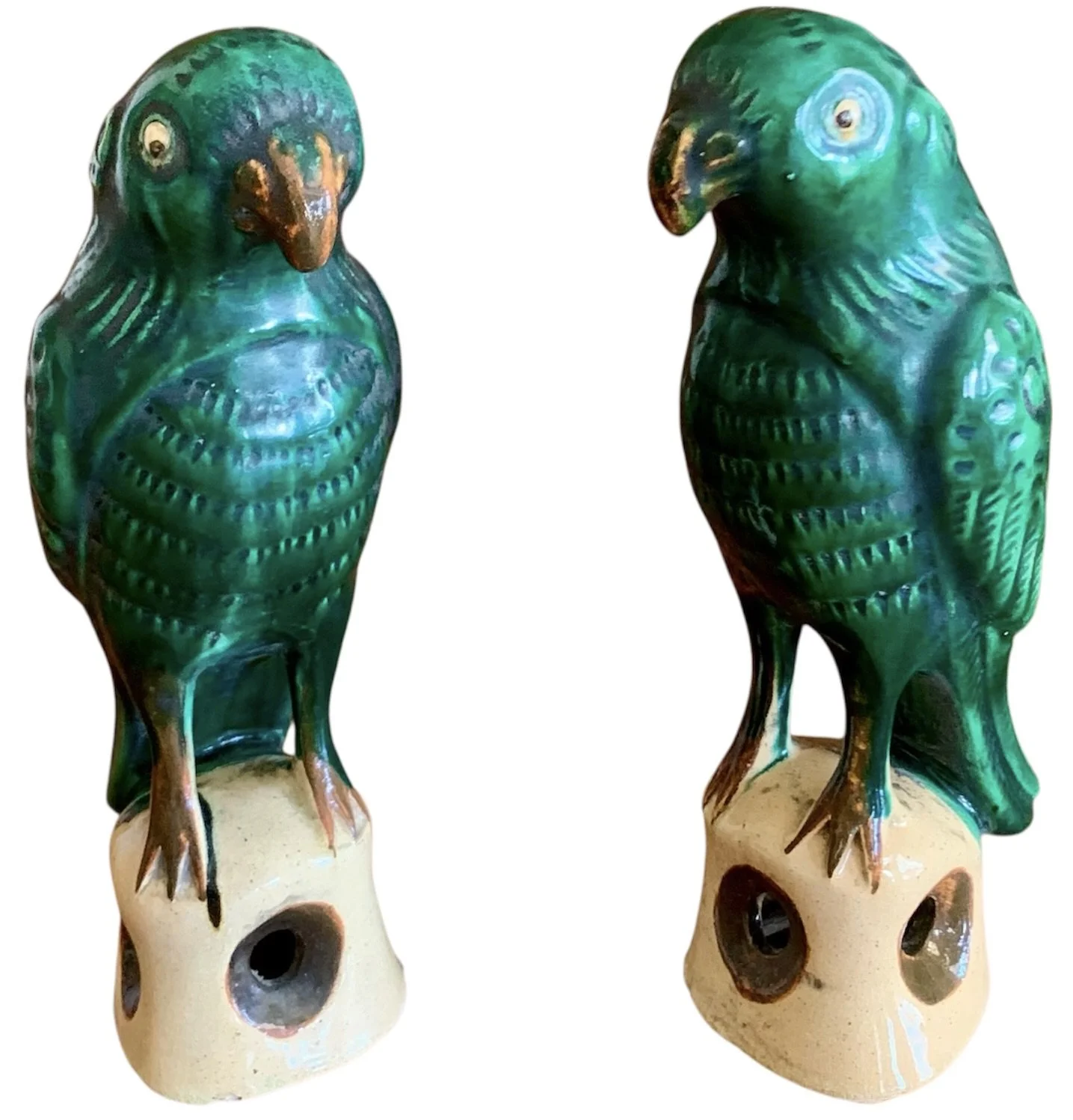 Pair of Antique Sancai Glazed Chinese Export Parrots