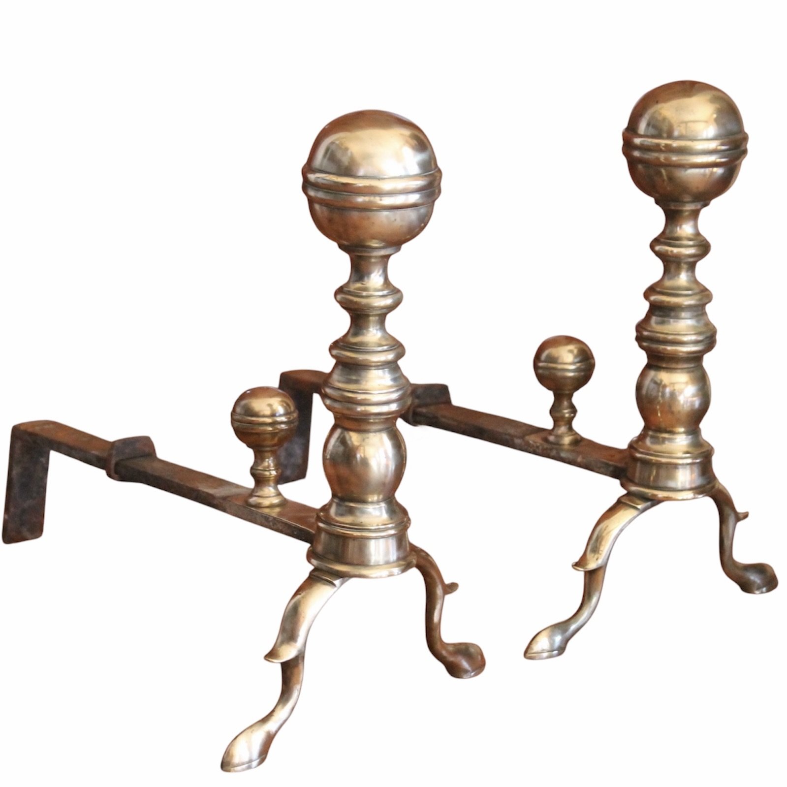 Pair of American Federal Brass Ball Topped Andirons