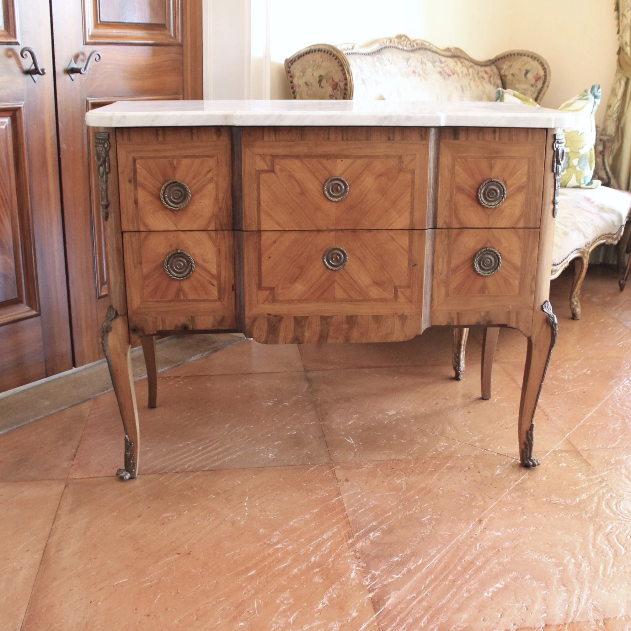 French Transitional Marquetry Commode With Marble Top