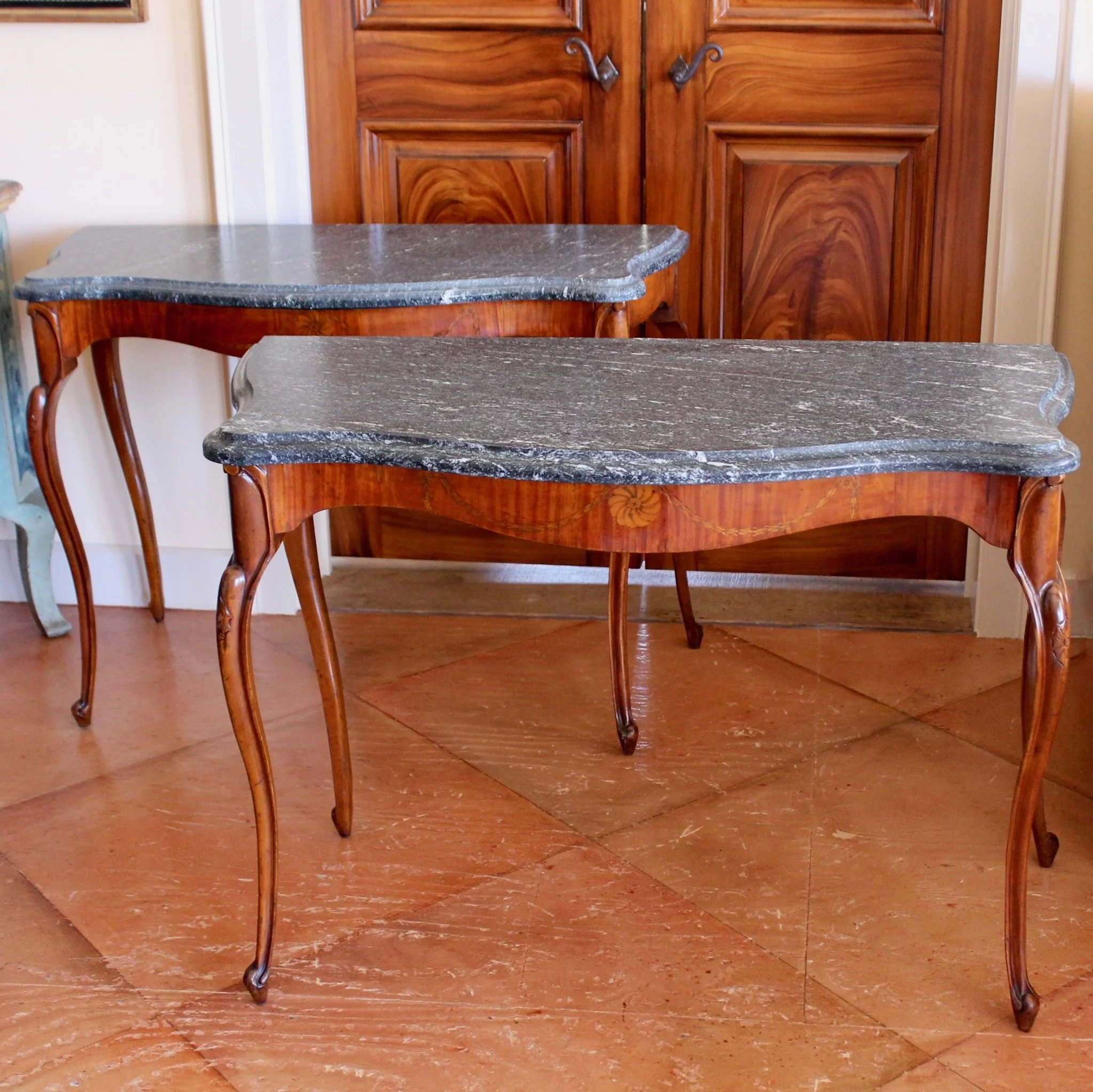 Pair-Edwardian-Satinwood-Marquetry-Console-Tables-With-Marble-Tops