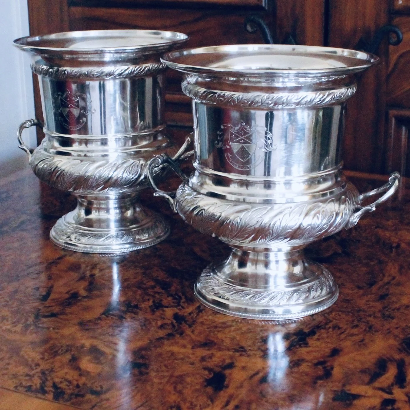 English Silver Plate Campagna Urns,  Champagne / Wine Coolers