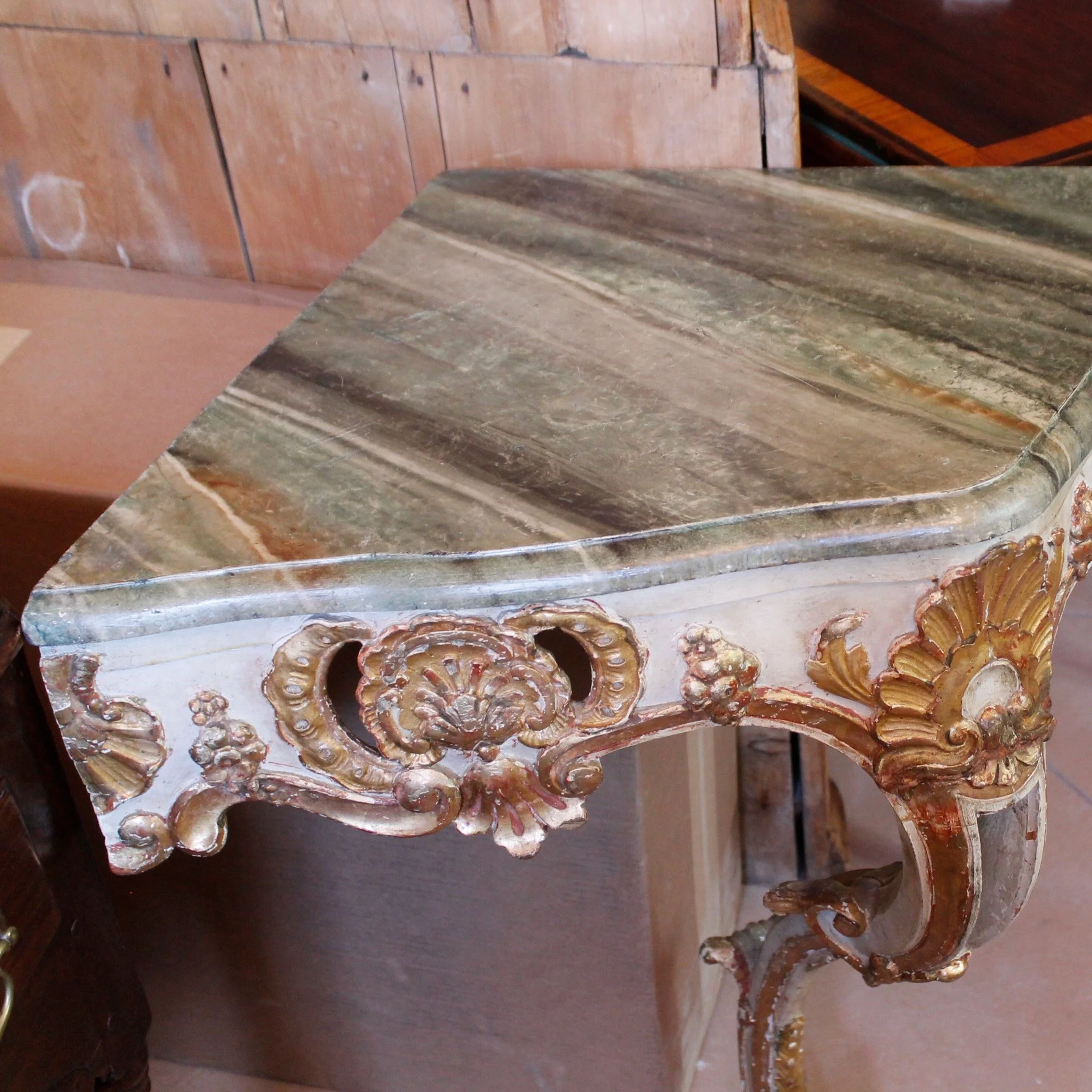 Italian-Rococo-Carved-Corner-Console-Table with Faux Marble Top-detail