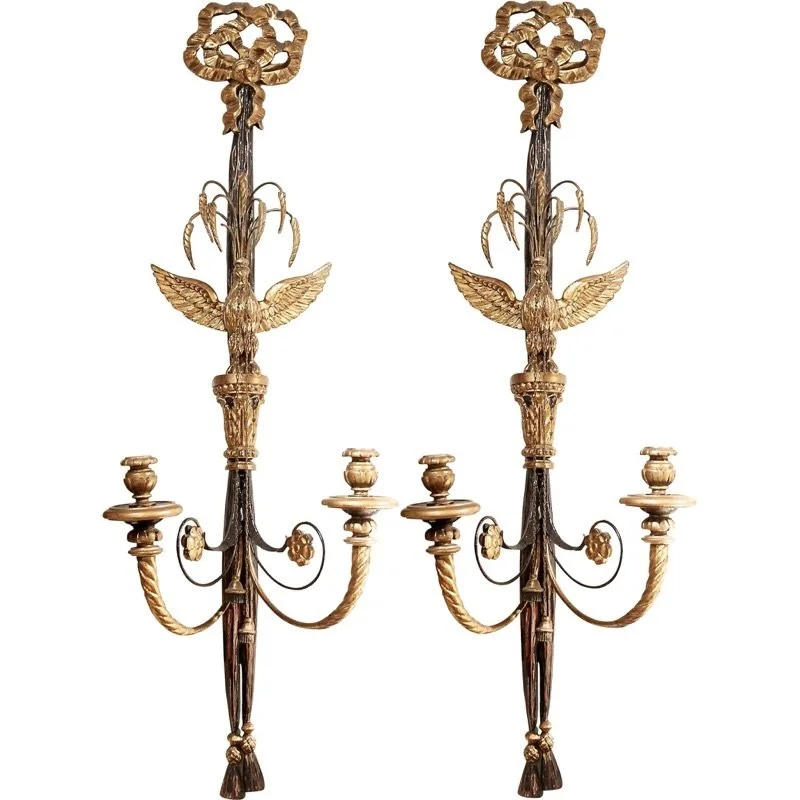 Pair Of Large Italian Black Painted And Parcel Gilt Two Light Sconces