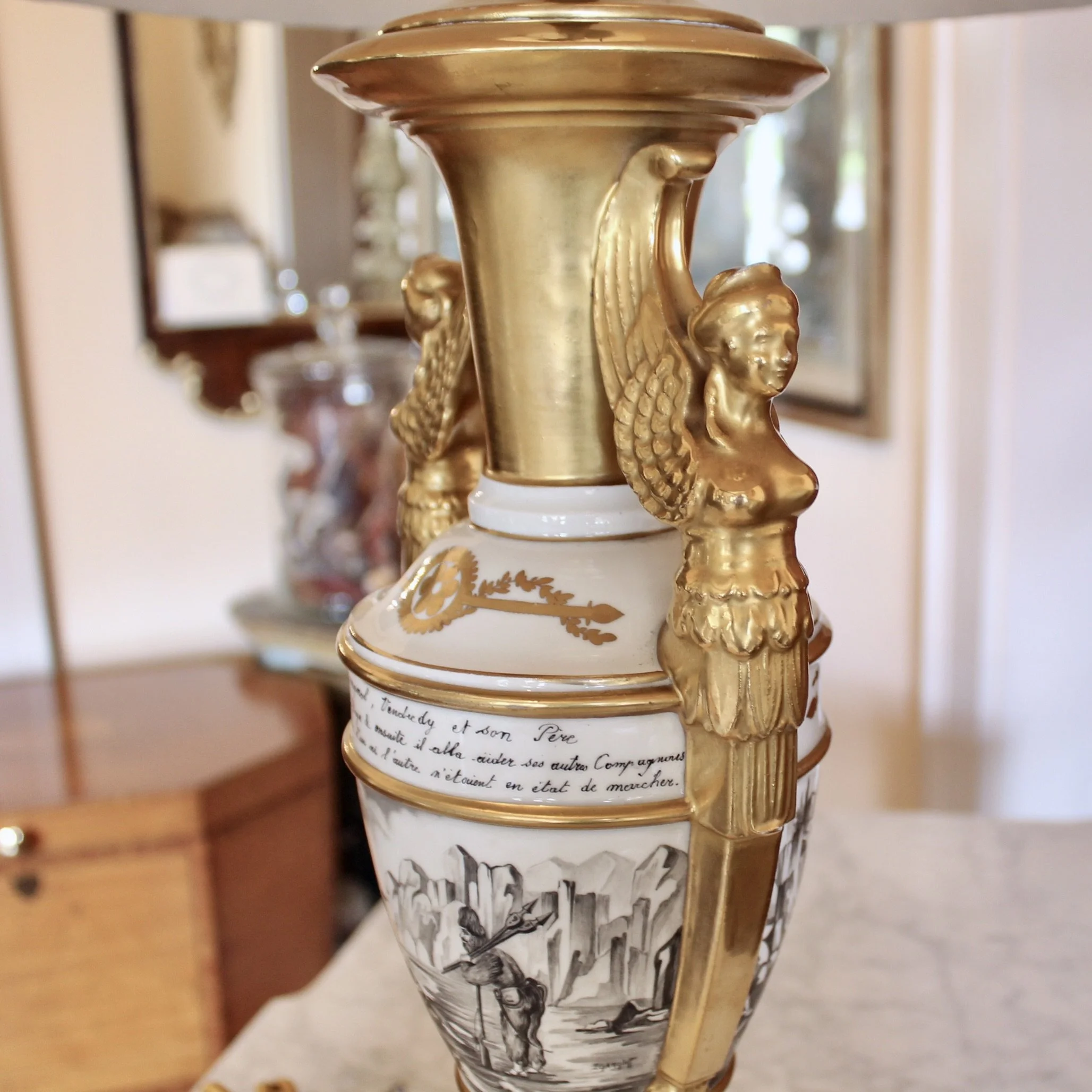 Fine Paris Porcelain Gilt and Grisaille Caryatid Lamp