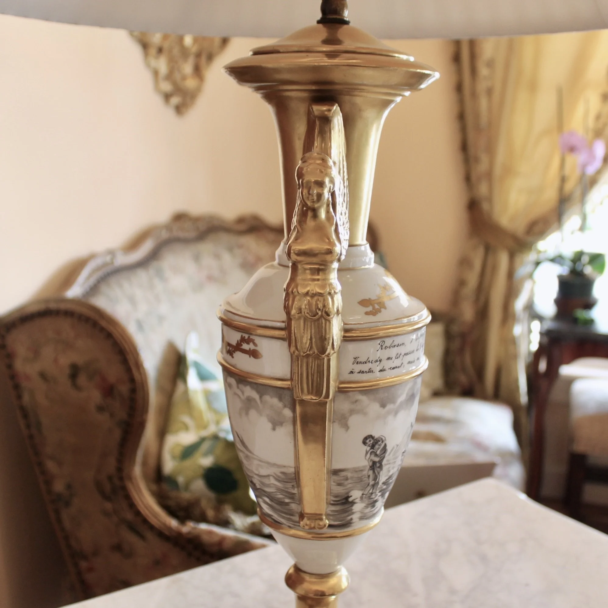 Fine Paris Porcelain Gilt and Grisaille Caryatid Lamp