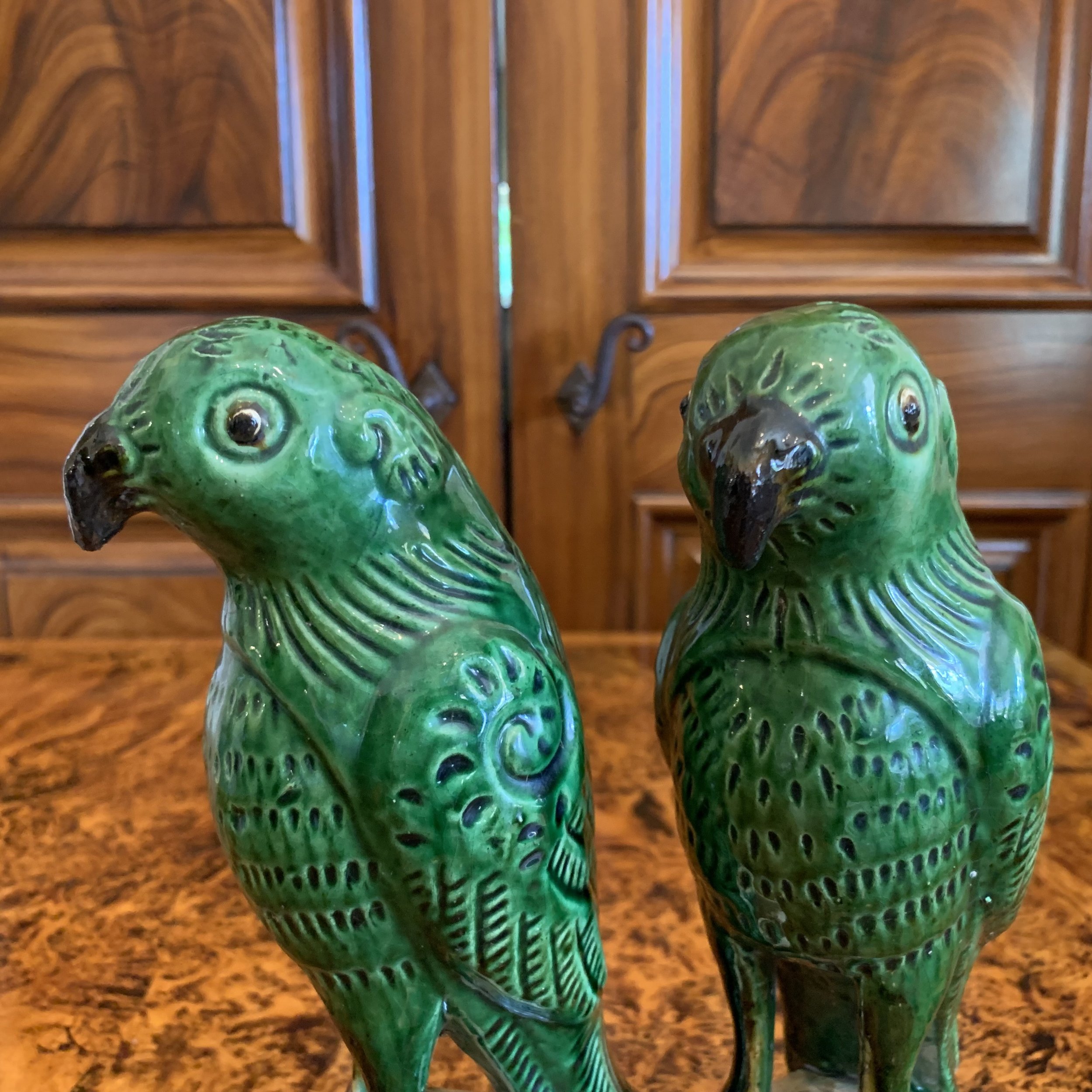 Pair of Antique Sancai Glazed Chinese Export Parrots