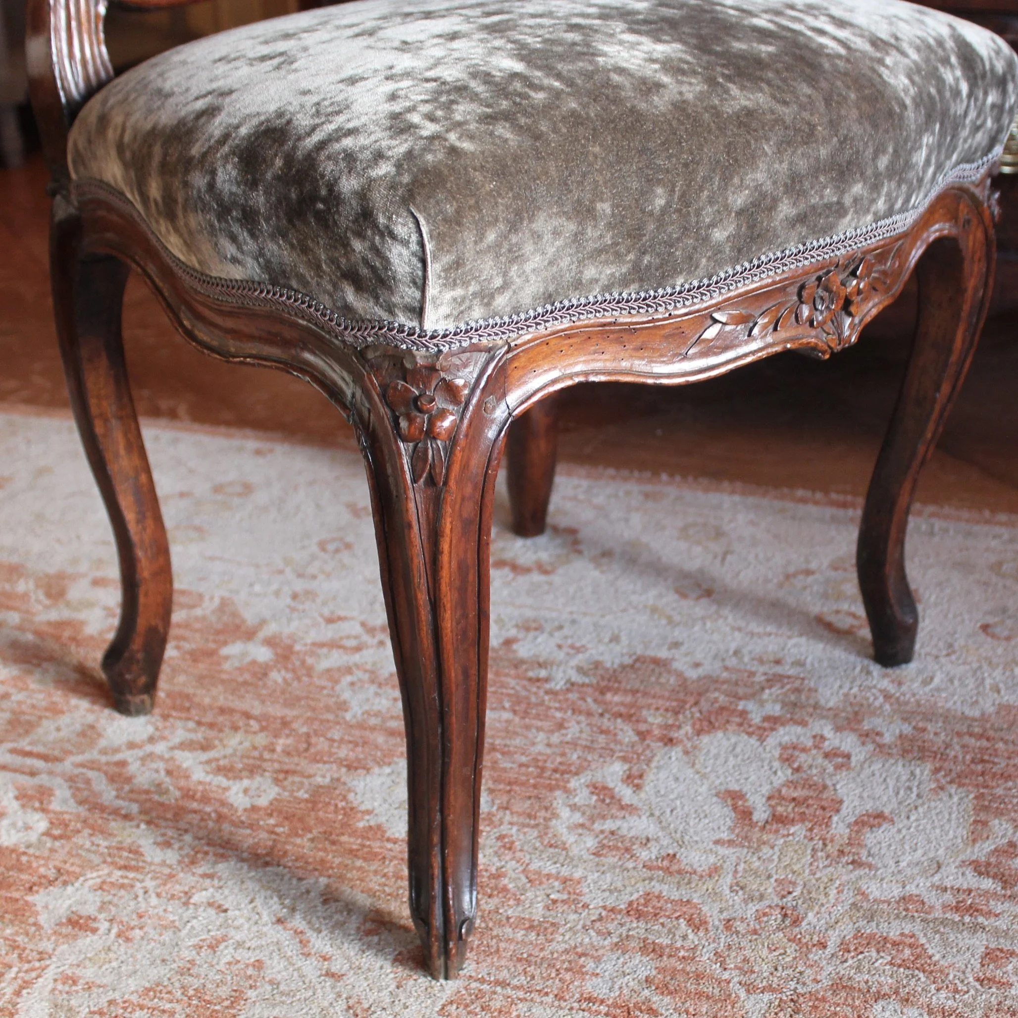 Louis XV Period Slipper Chair, Grey Velvet