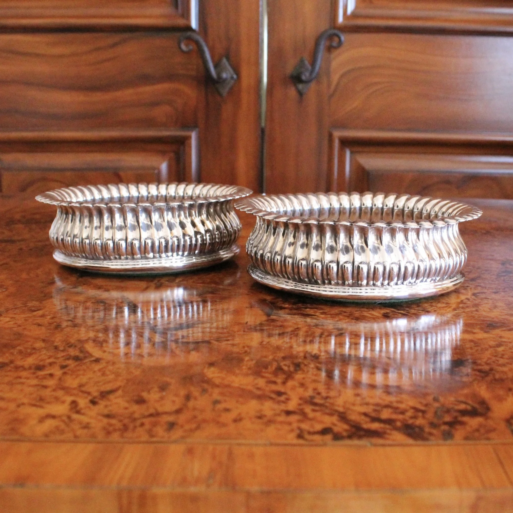 English Silver Plate Lotus Flower Wine Bottle Coasters, pair