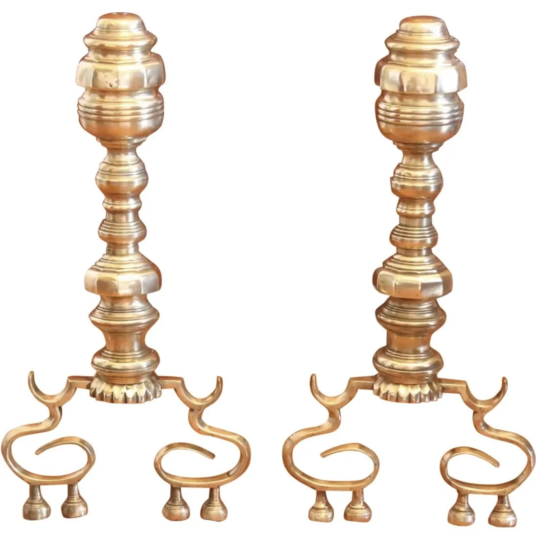 Scroll Footed Antique American Brass Andirons