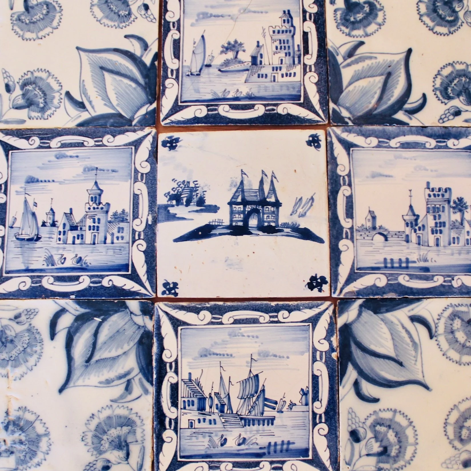 Antique Delftware Tile Collection: Nine Tiles