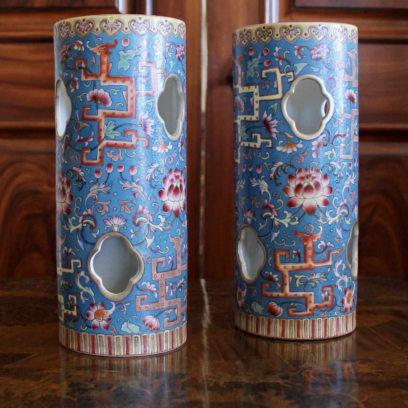 Pair of Cerulean Blue Chinese Porcelain Hat Stand / Wig Stand Vases