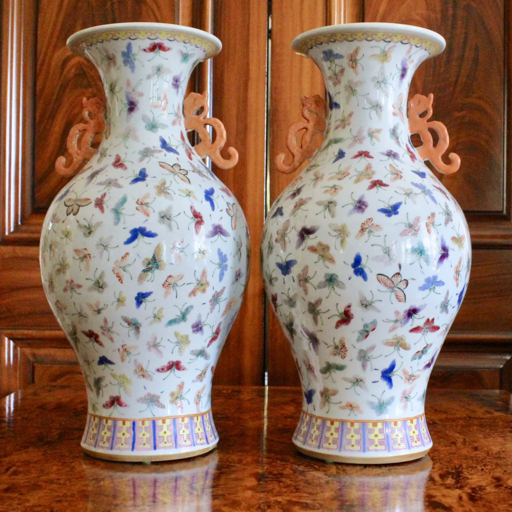 Pair of Large Chinese Thousand Butterfly Pattern Vases