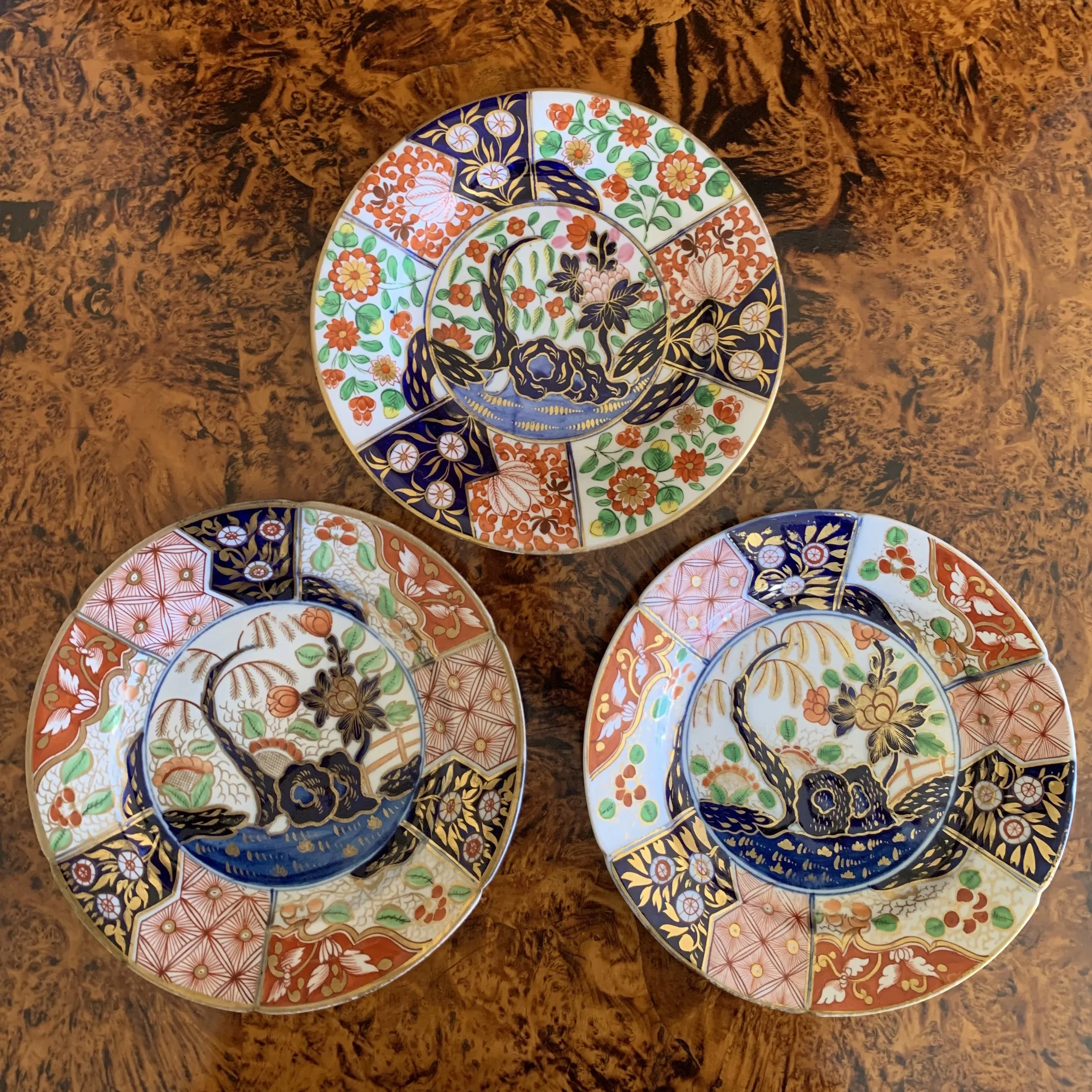 English Coalport Gilt Imari Porcelain Plates "Rock and Tree" or "Money Tree" Pattern Plates