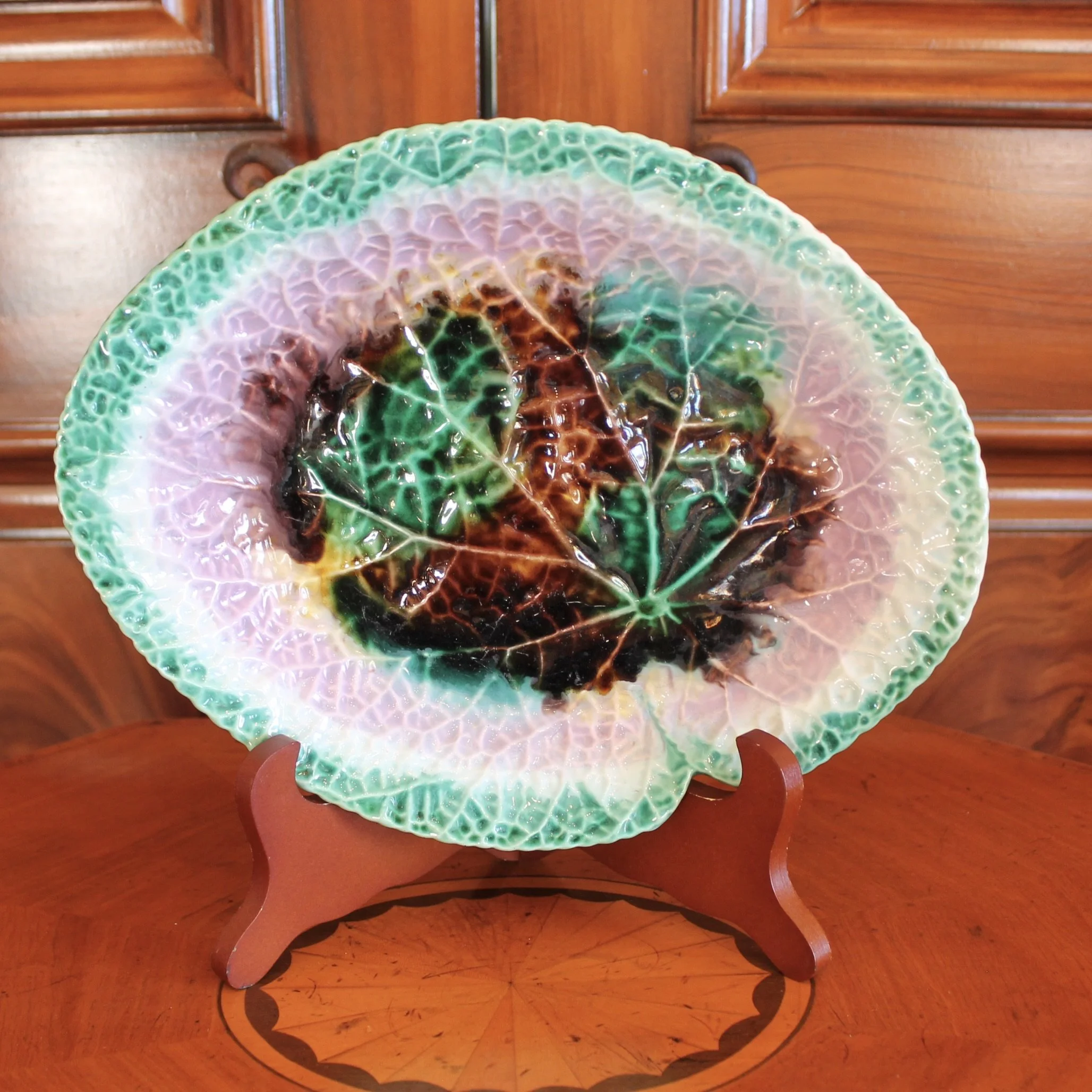 Large Antique Begonia Leaf Majolica Dish