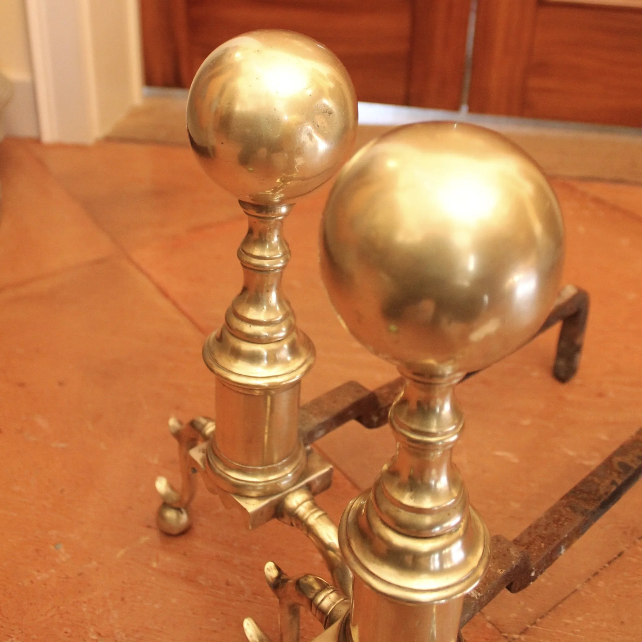 Pair of Antique American Cannon Ball Top Brass Andirons