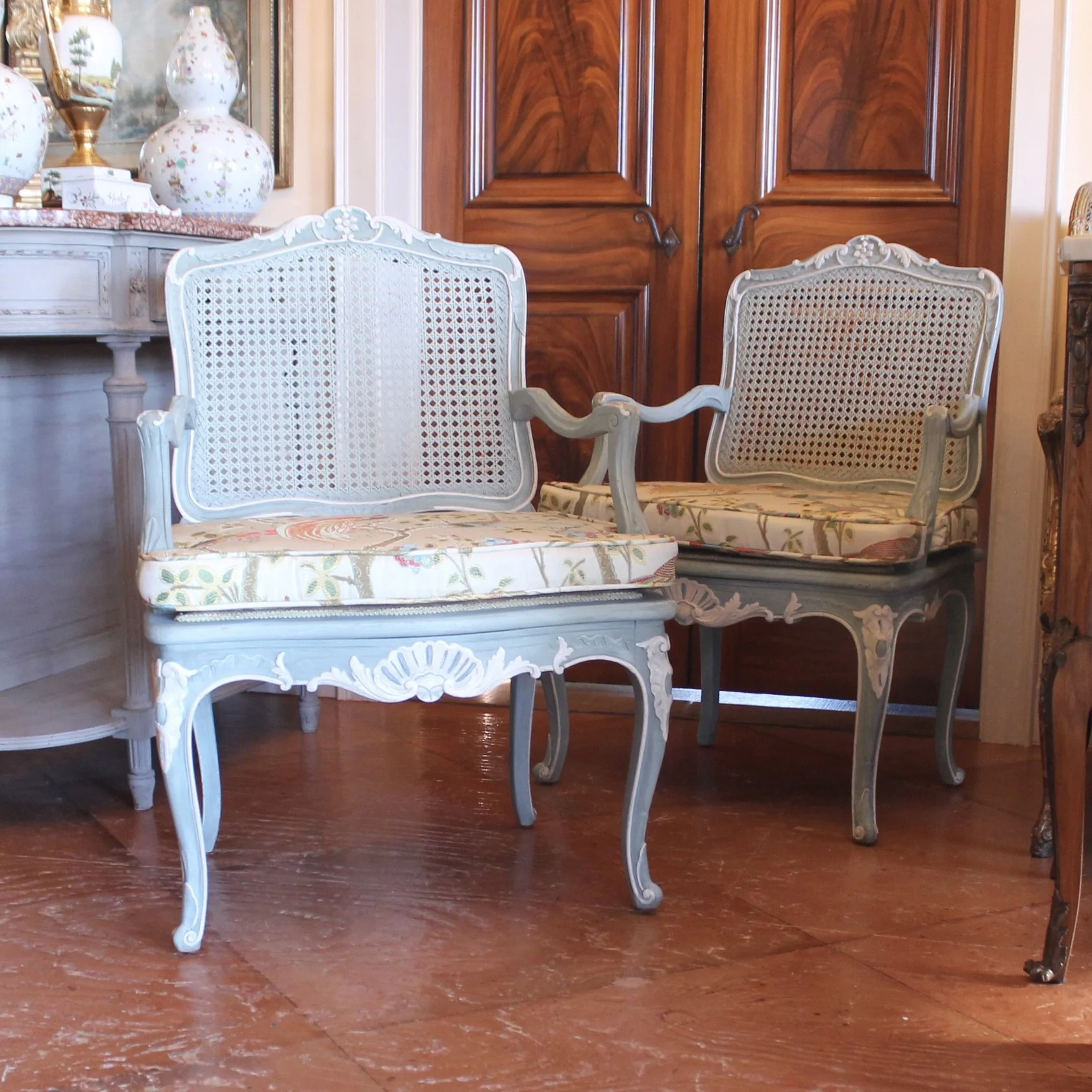 Pair of French Provincial Armchairs in Blue Painted Finish