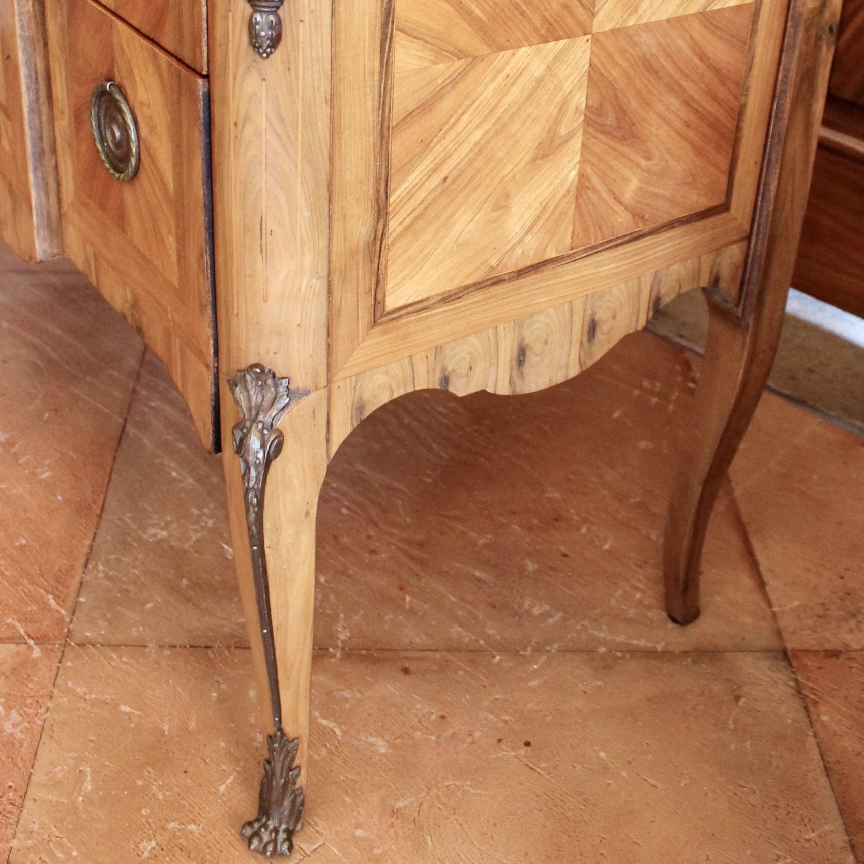 French Transitional Marquetry Commode With Marble Top