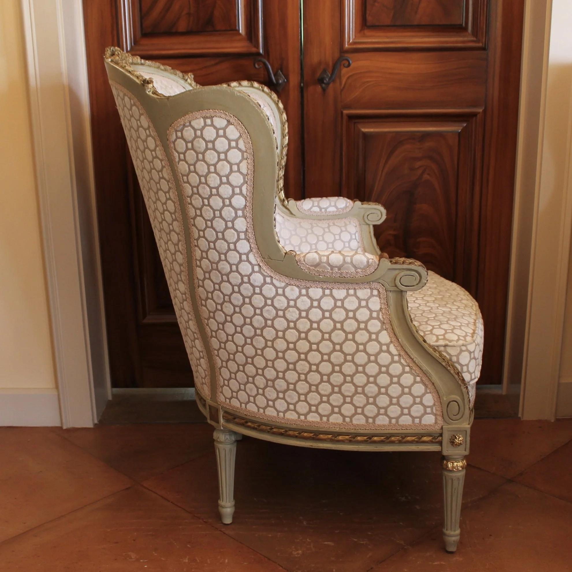 Large French  Painted Gilt Bergère Armchair